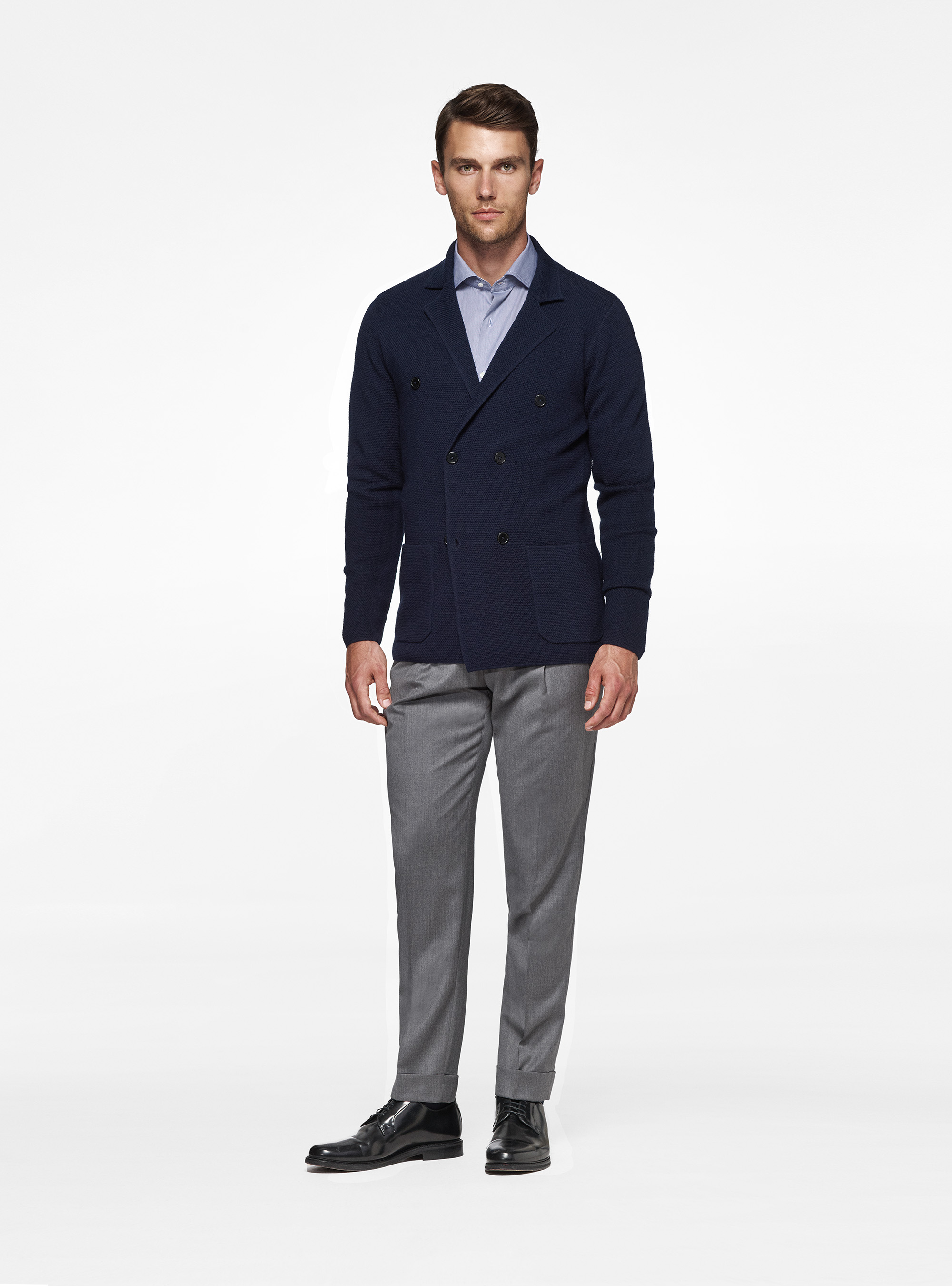 Double-breasted knitted blazer in pure wool, NAVY BLUE