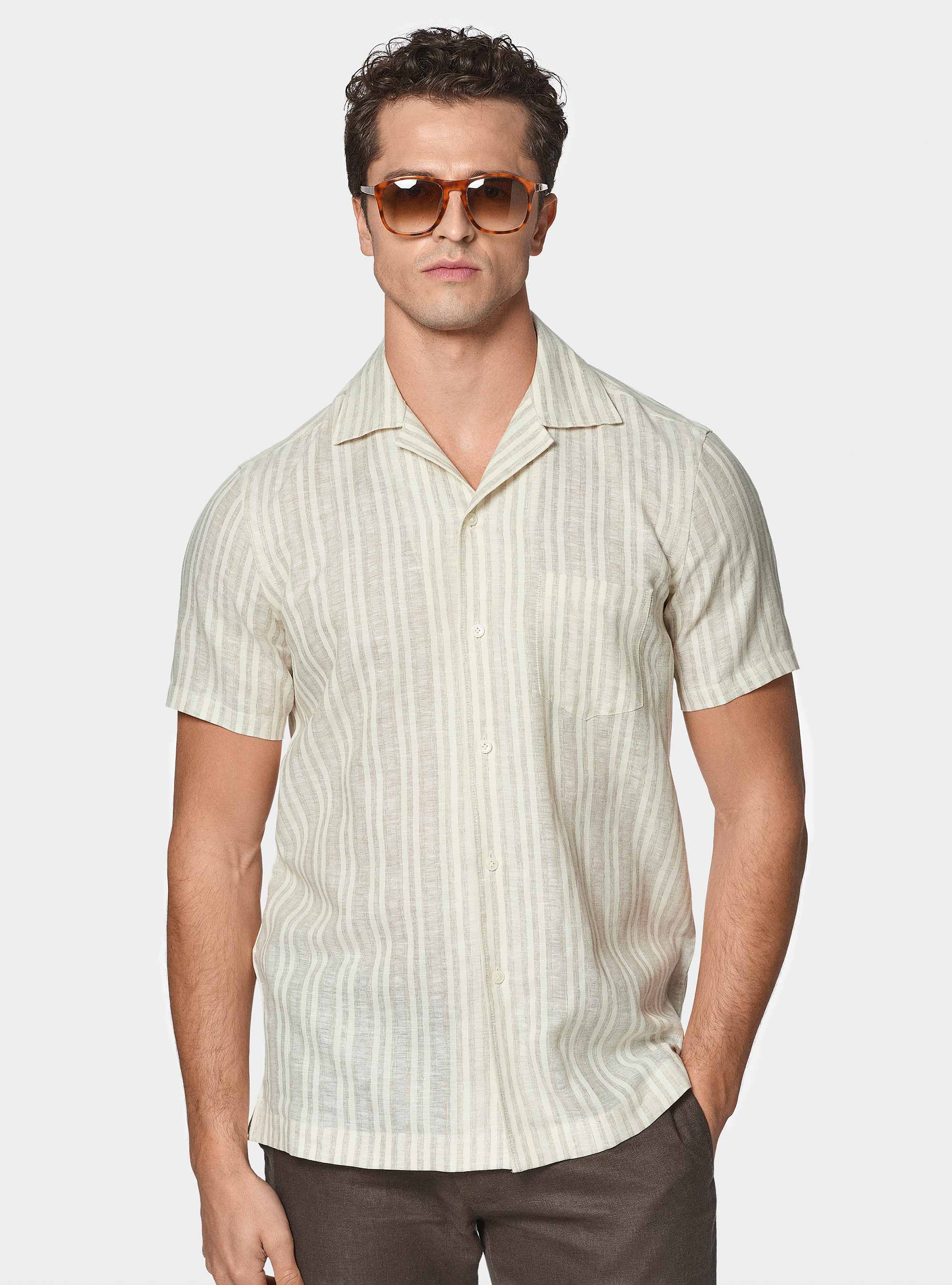 Camicia bowling in lino e cotone rigato, SABBIA