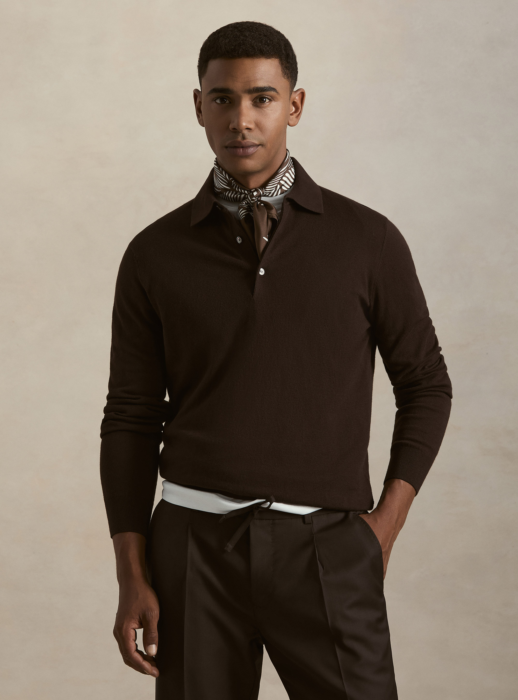 Polo in maglia di cotone e cashmere, MARRONE