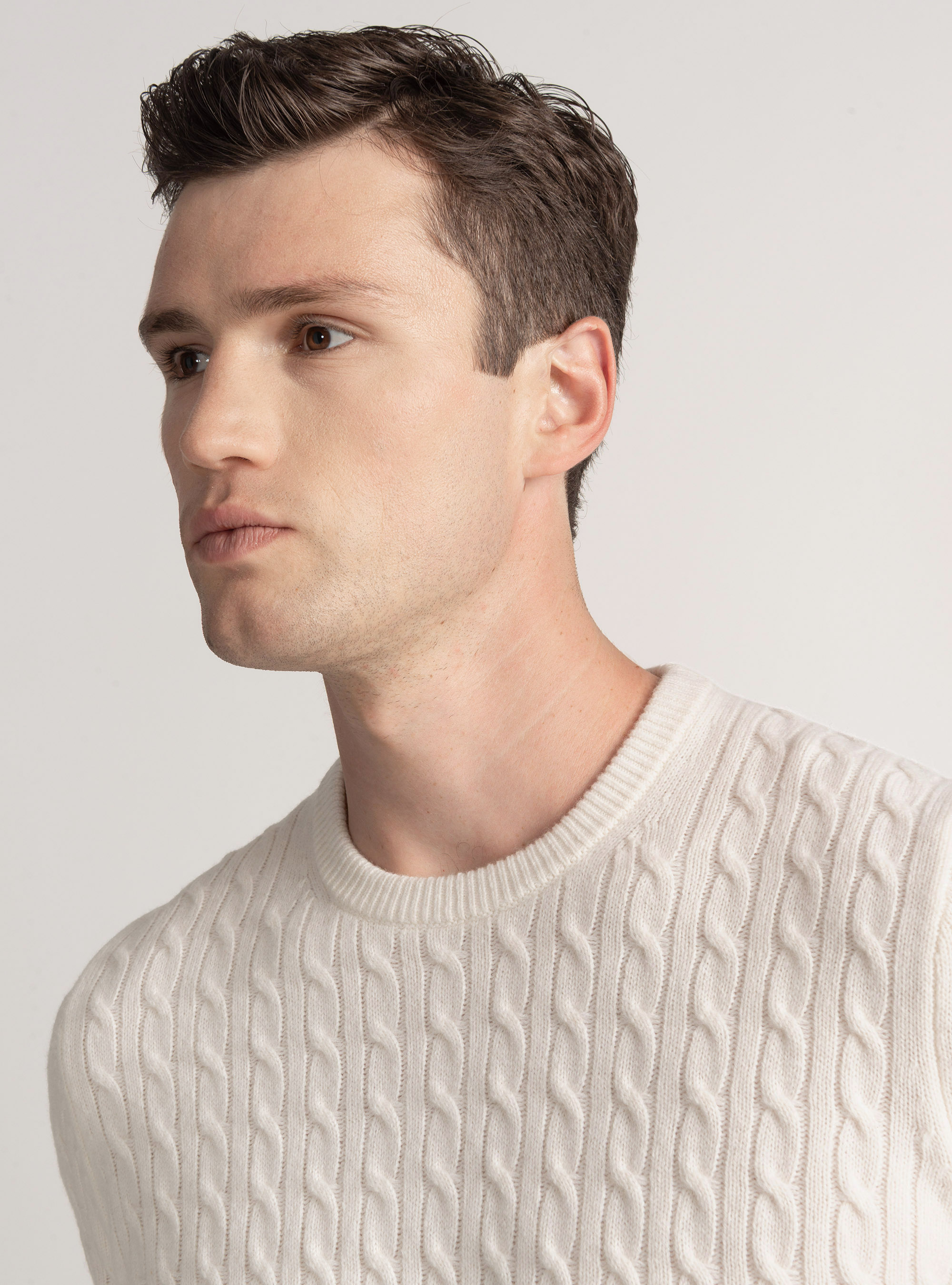Punto de cuello redondo con trenzado de lana y cachemira, BLANCO