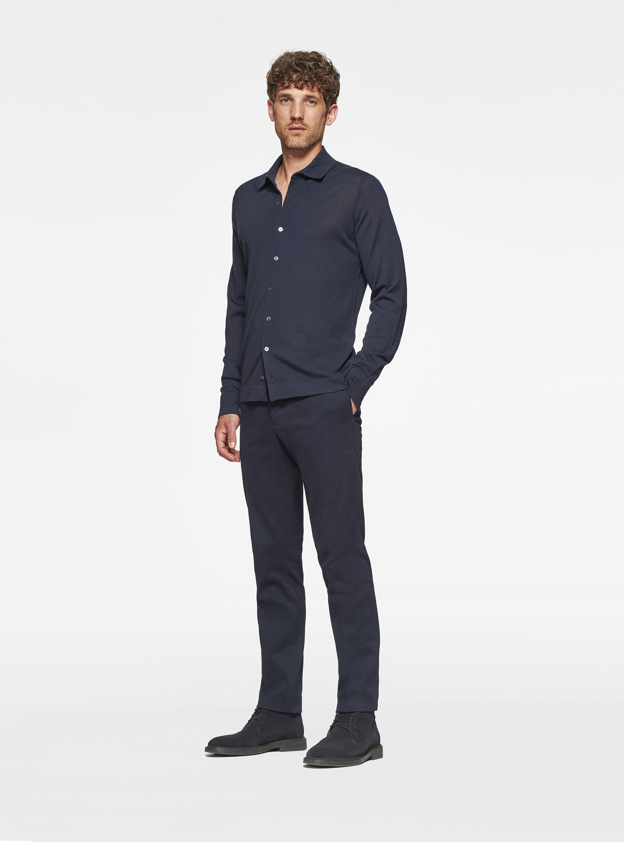 Camicia in maglia in pura lana merino extrafine, BLU NAVY