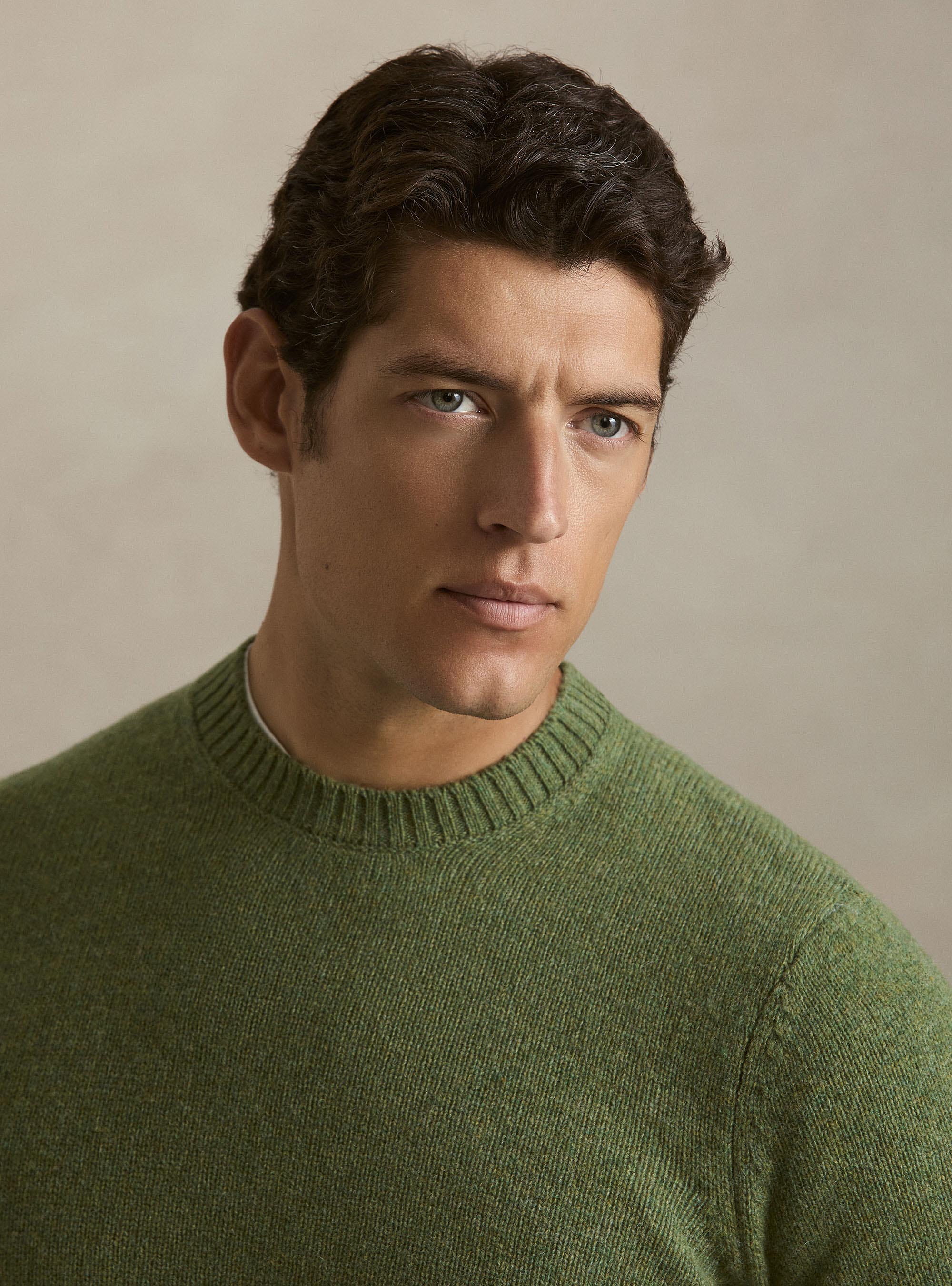 Pure Shetland wool crewneck sweater, OLIVE