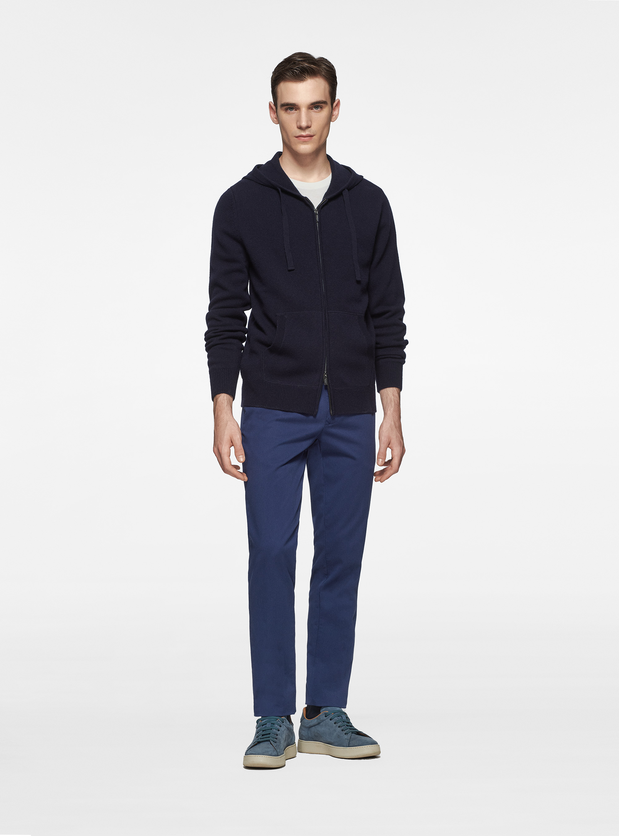 Cardigan in maglia con cappuccio in lana merino, BLU NAVY