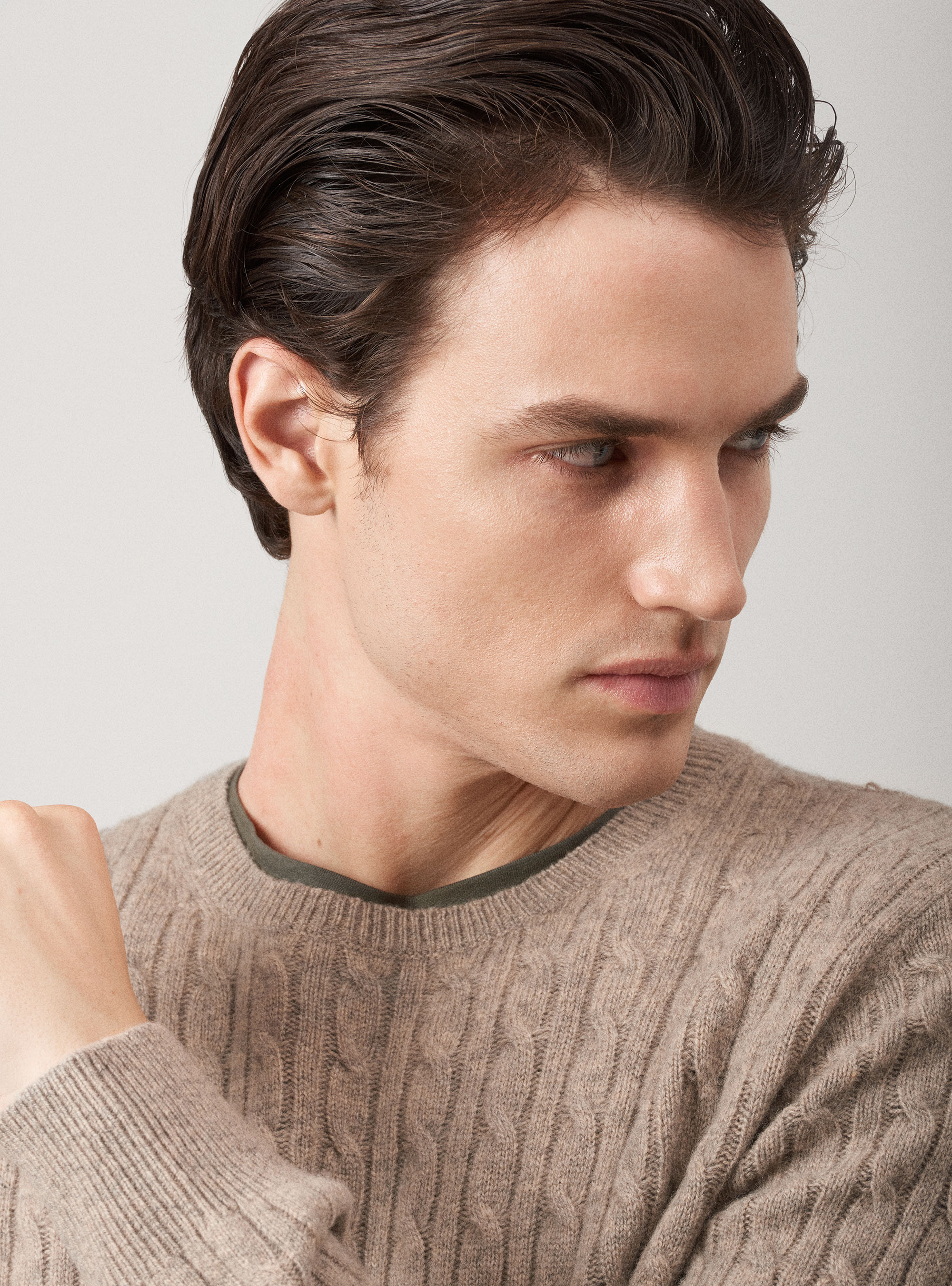 Maglia girocollo in lana lambswool e cashmere con trecce, ECRU