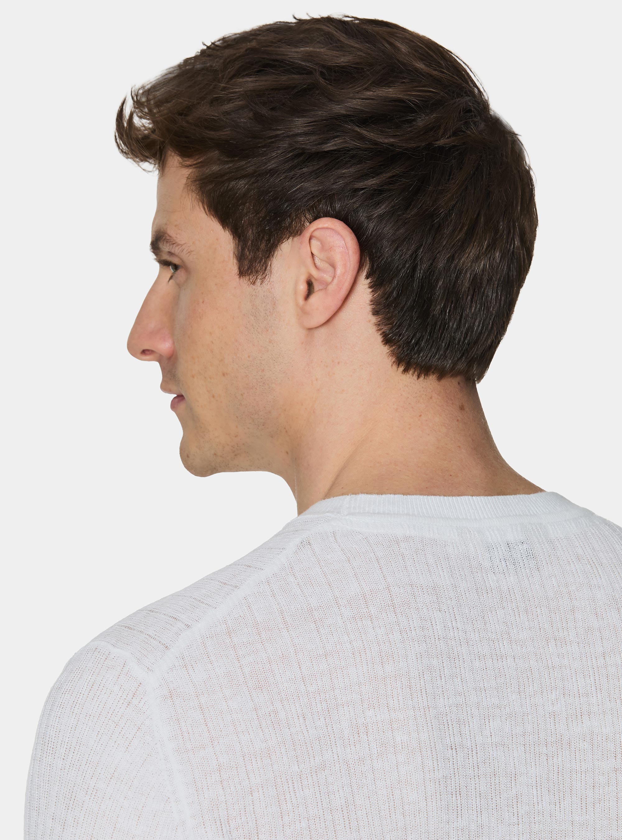 Maglia girocollo a costine in puro lino, BIANCO