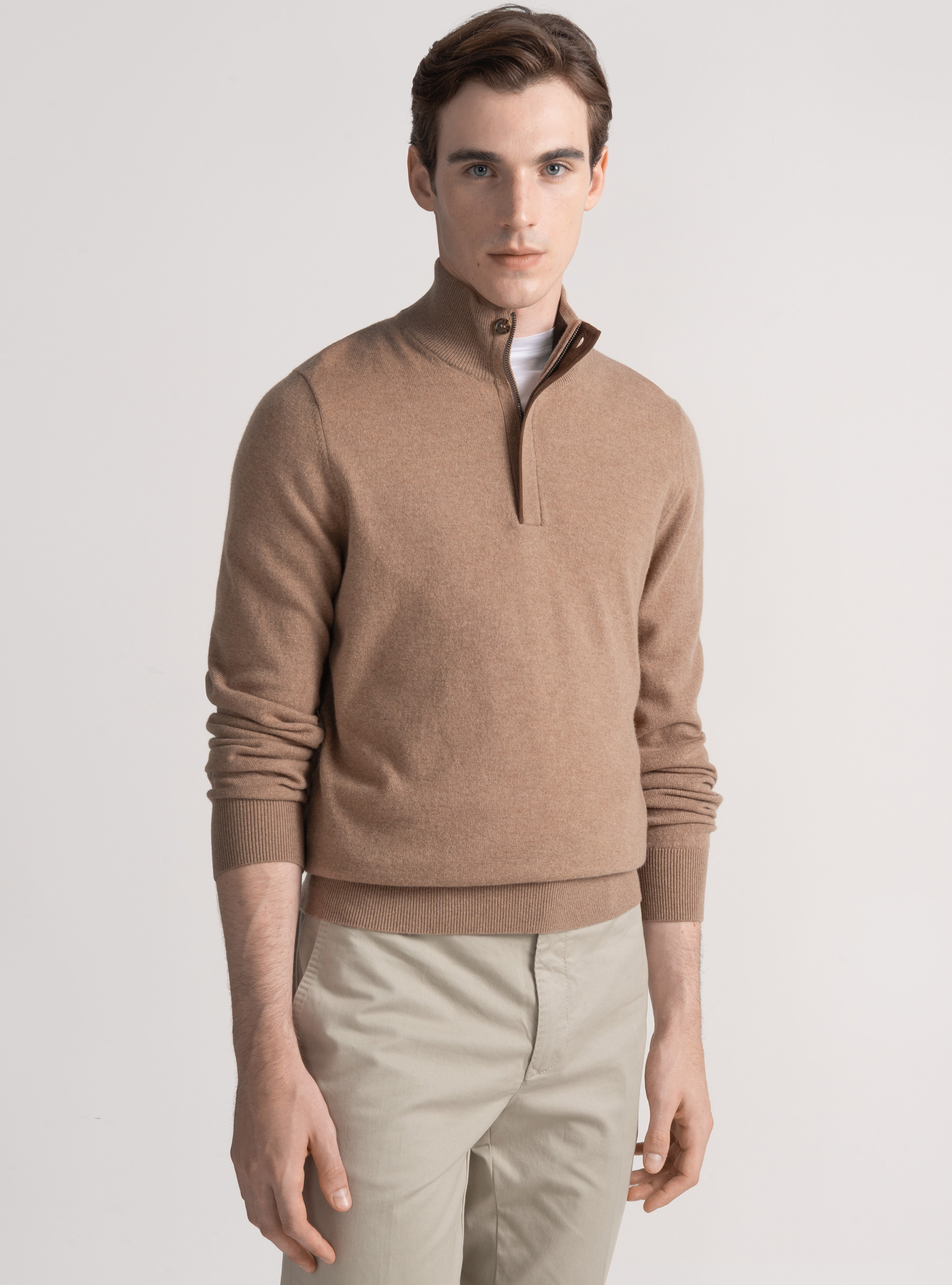 Punto con media cremallera de lana de cordero y cachemira, CAMMELLO 0570C