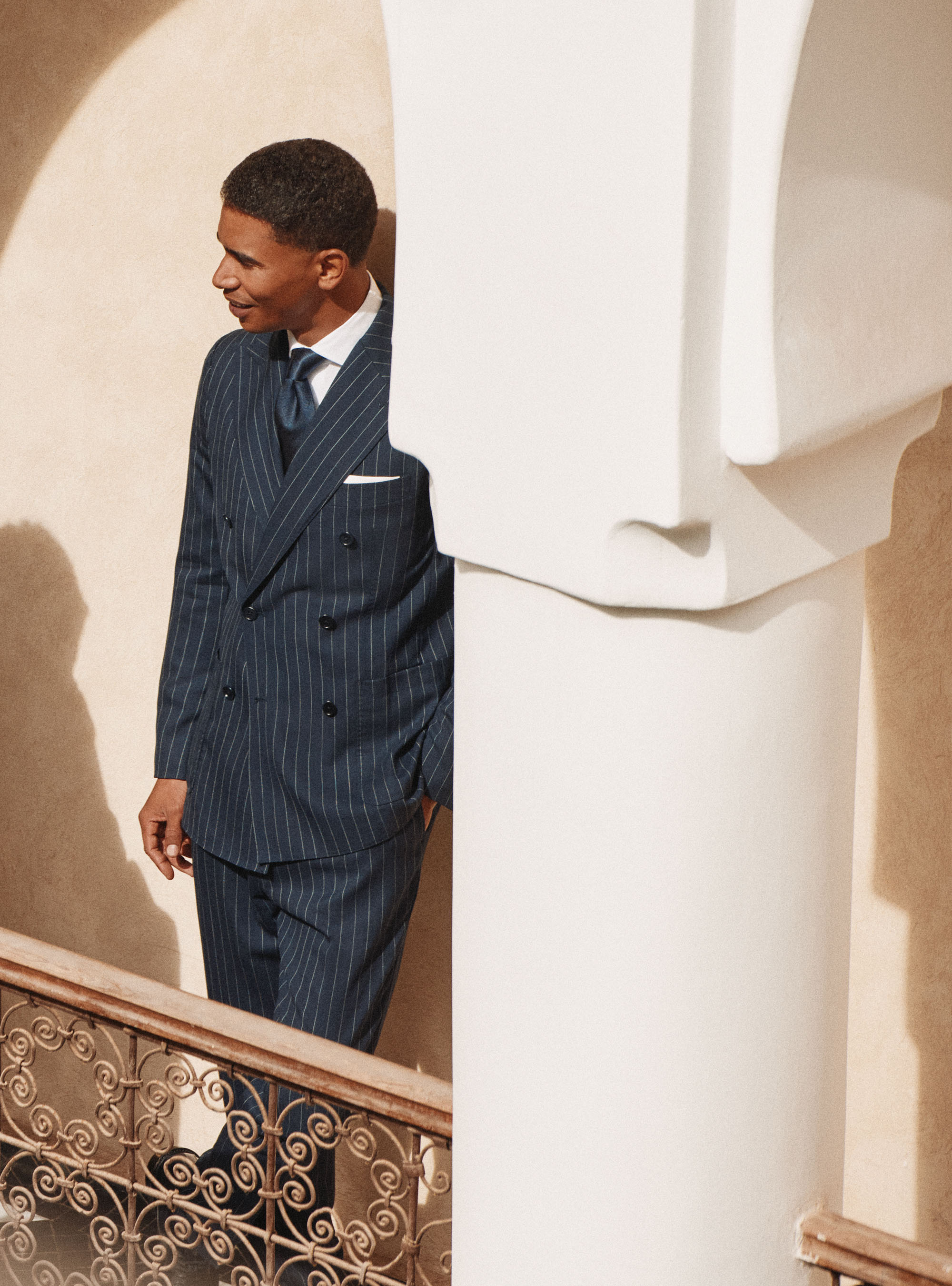 Double-breasted pinstriped wool suit blazer, NAVY BLUE