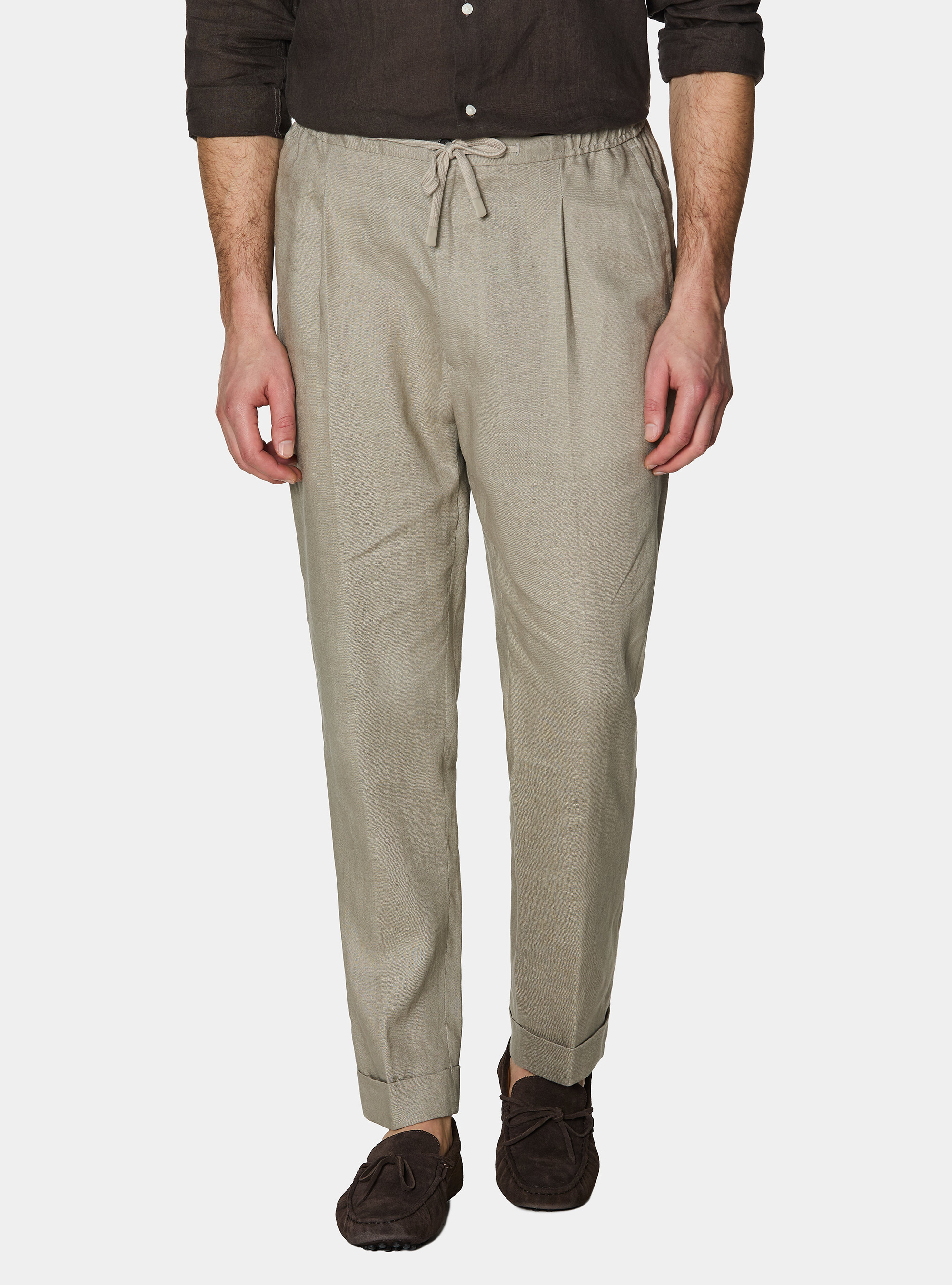 Pantaloni in puro lino con pince e coulisse, SABBIA