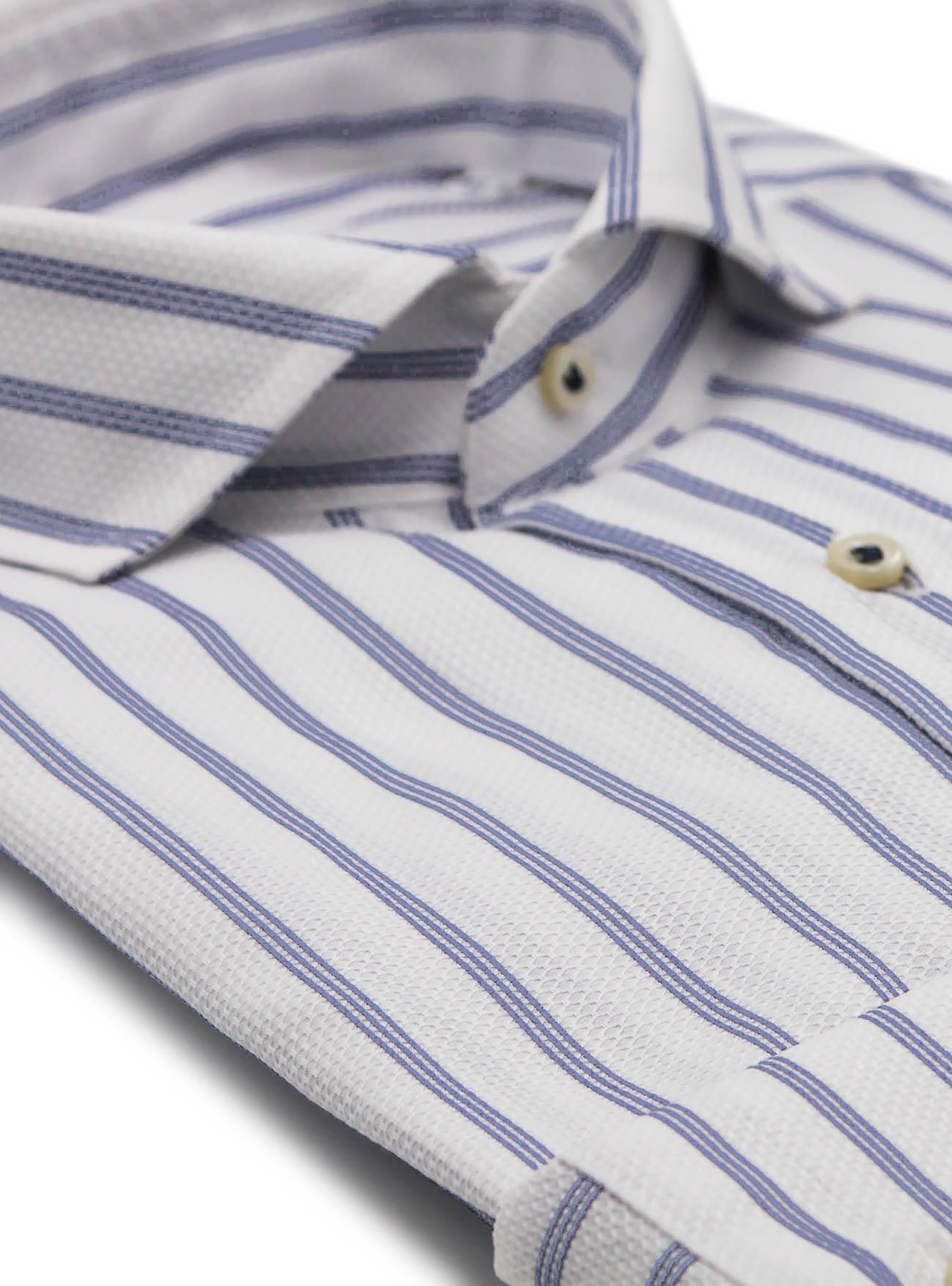 Camicia collo francese a righe in cotone armaturato polso gemello, BIANCO