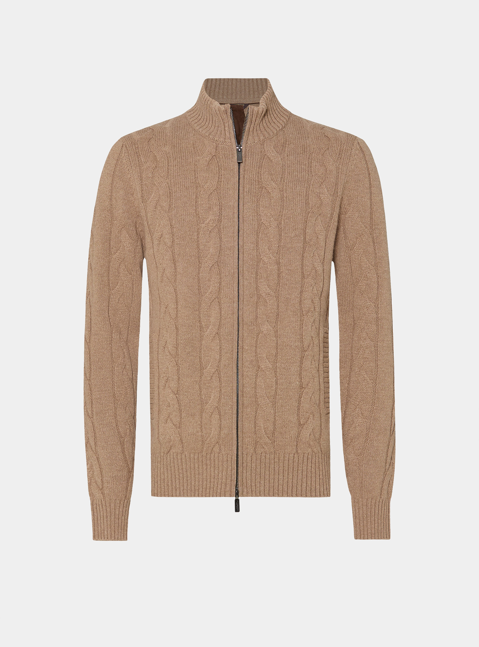 Maglia con zip e treccia in lana cashmere, CAMMELLO 0570C