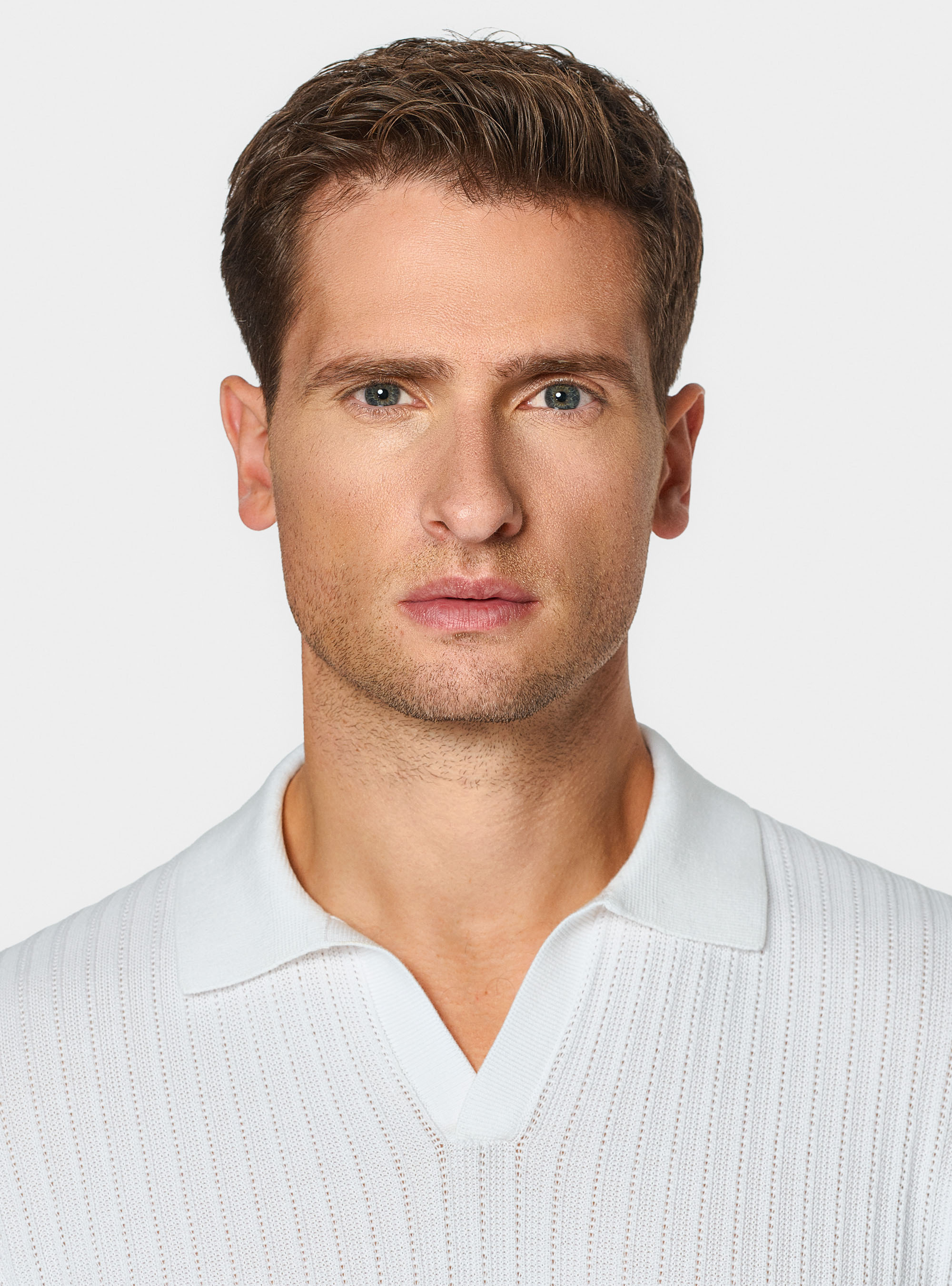 Polo in maglia traforata senza bottoni in cotone extrafine, BIANCO