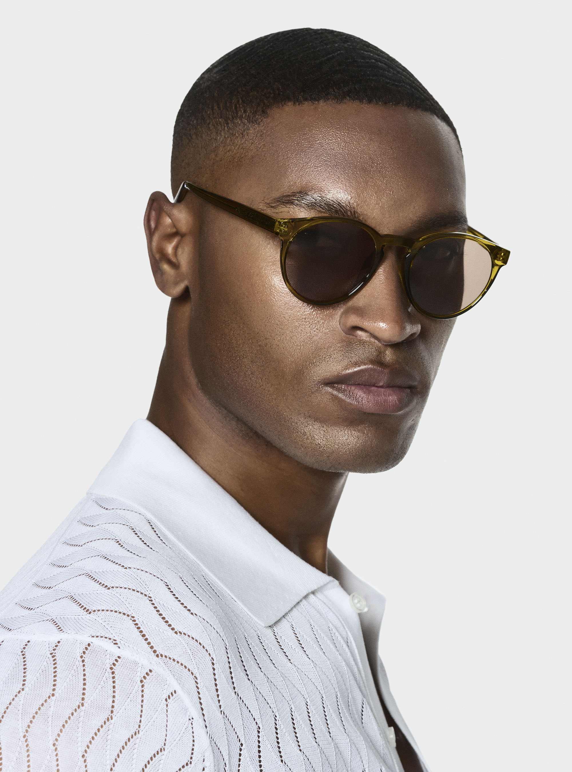 Polo camicia in maglia traforata in cotone e seta, BIANCO