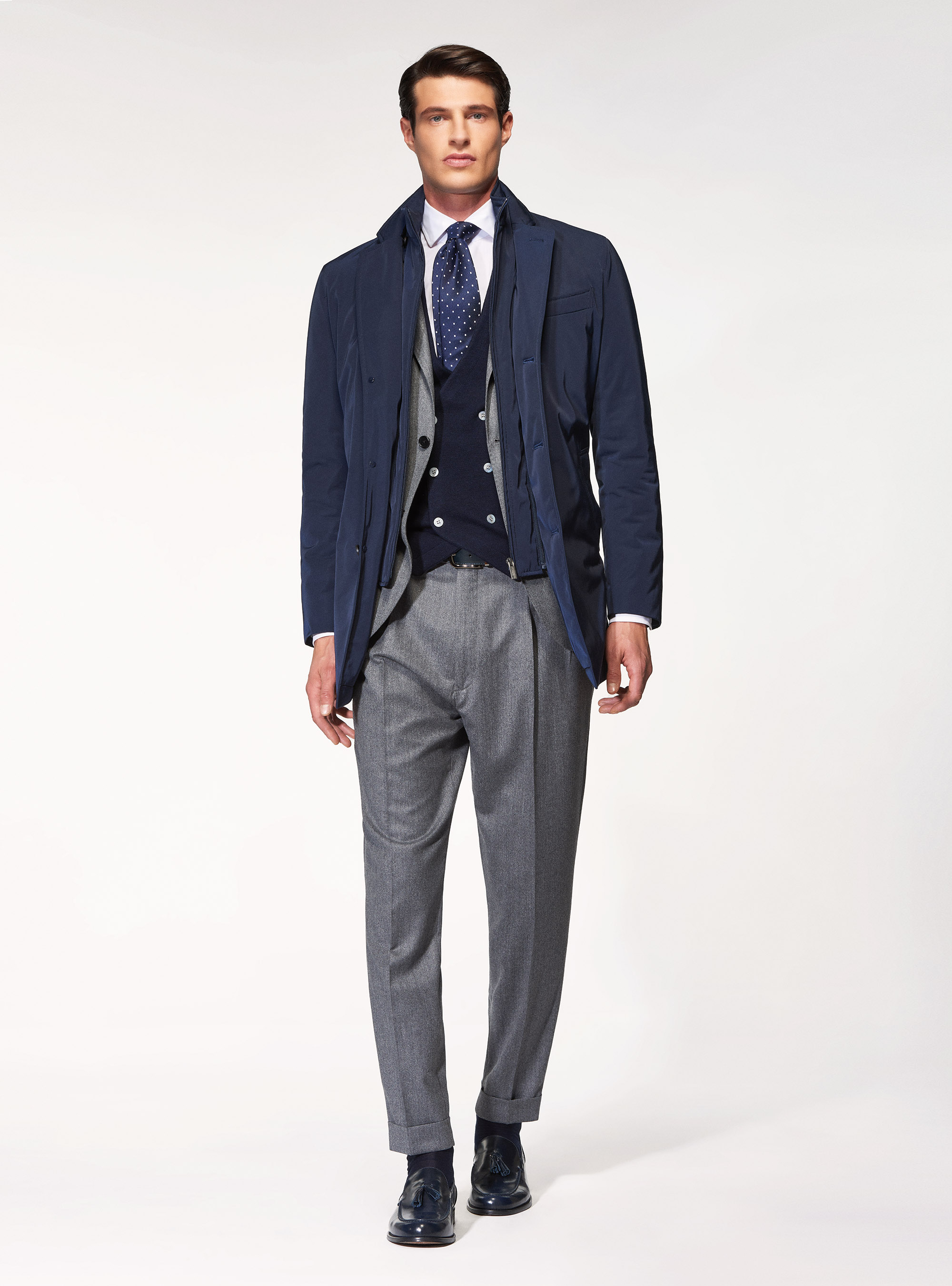 Impermeabile imbottito in tessuto tecnico con pettorina, BLU NAVY