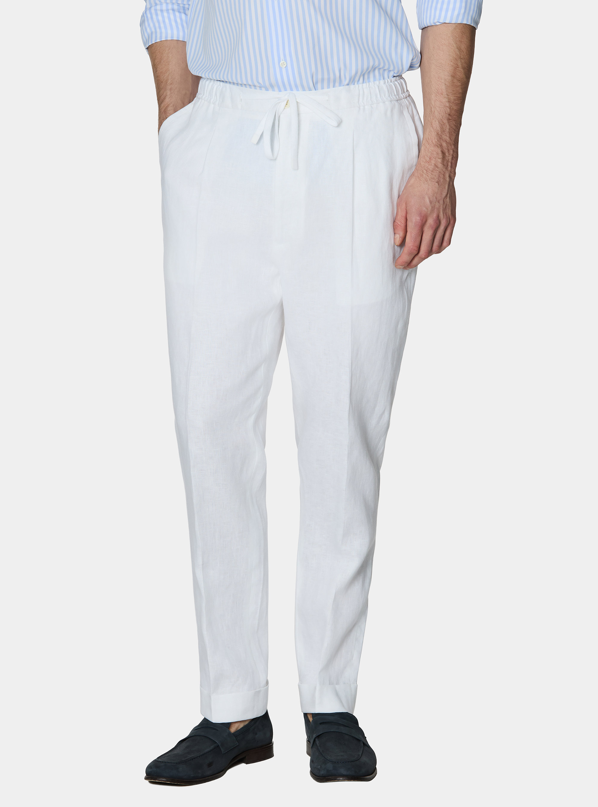 Pantaloni in puro lino con pince e coulisse, BIANCO