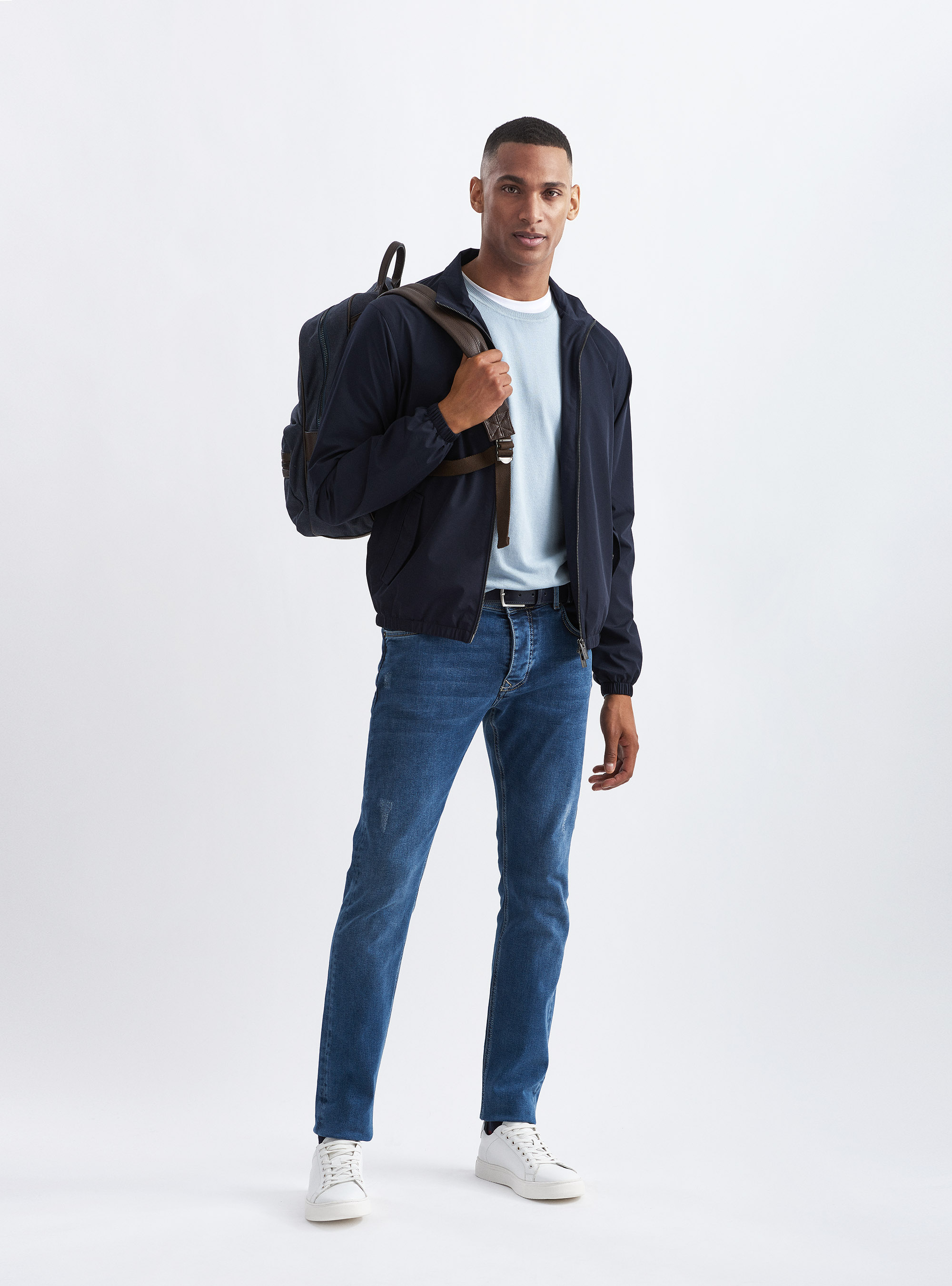 Technical fabric bomber jacket, NAVY BLUE