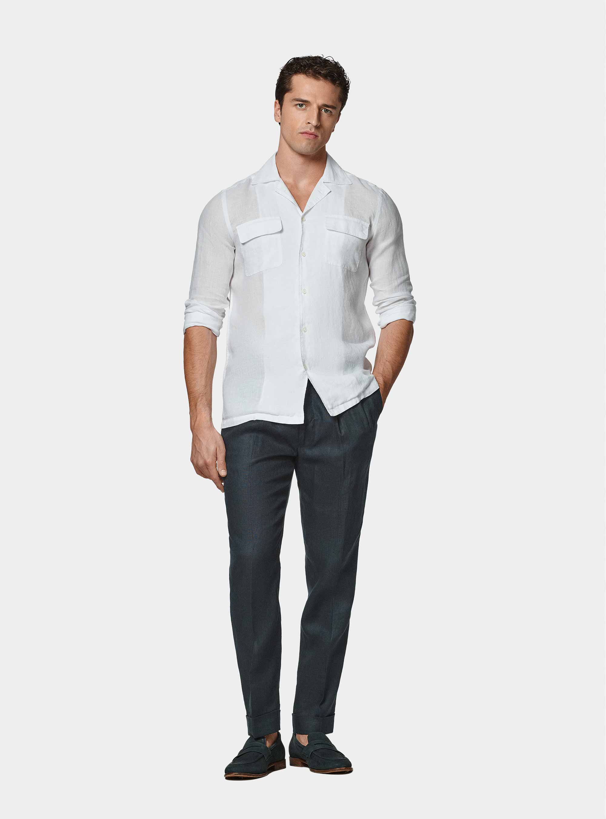 Pure linen bowling shirt with large pockets, WHITE