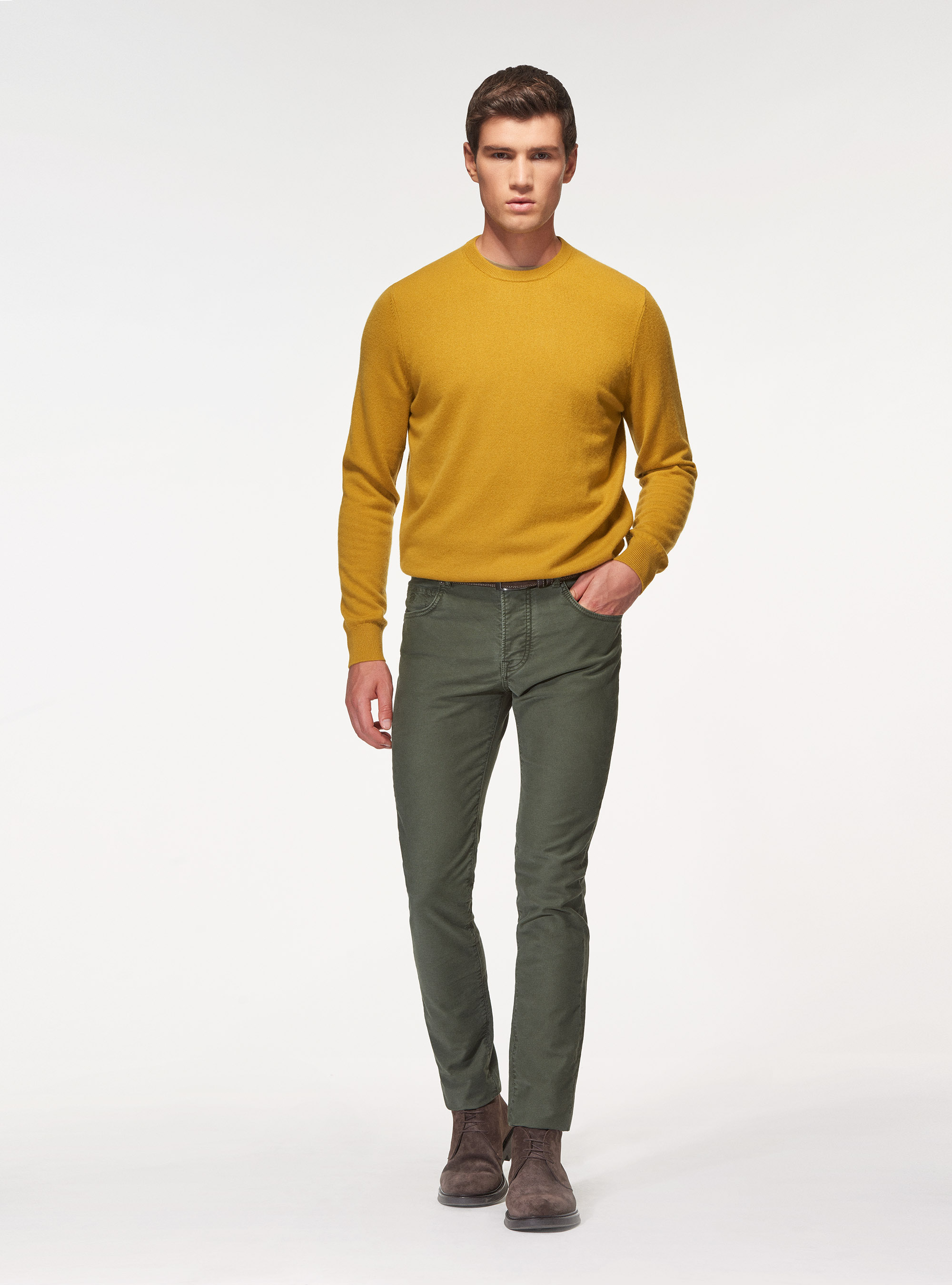 Pull &agrave; col ras du cou en pur cachemire, SENAPE 0715C