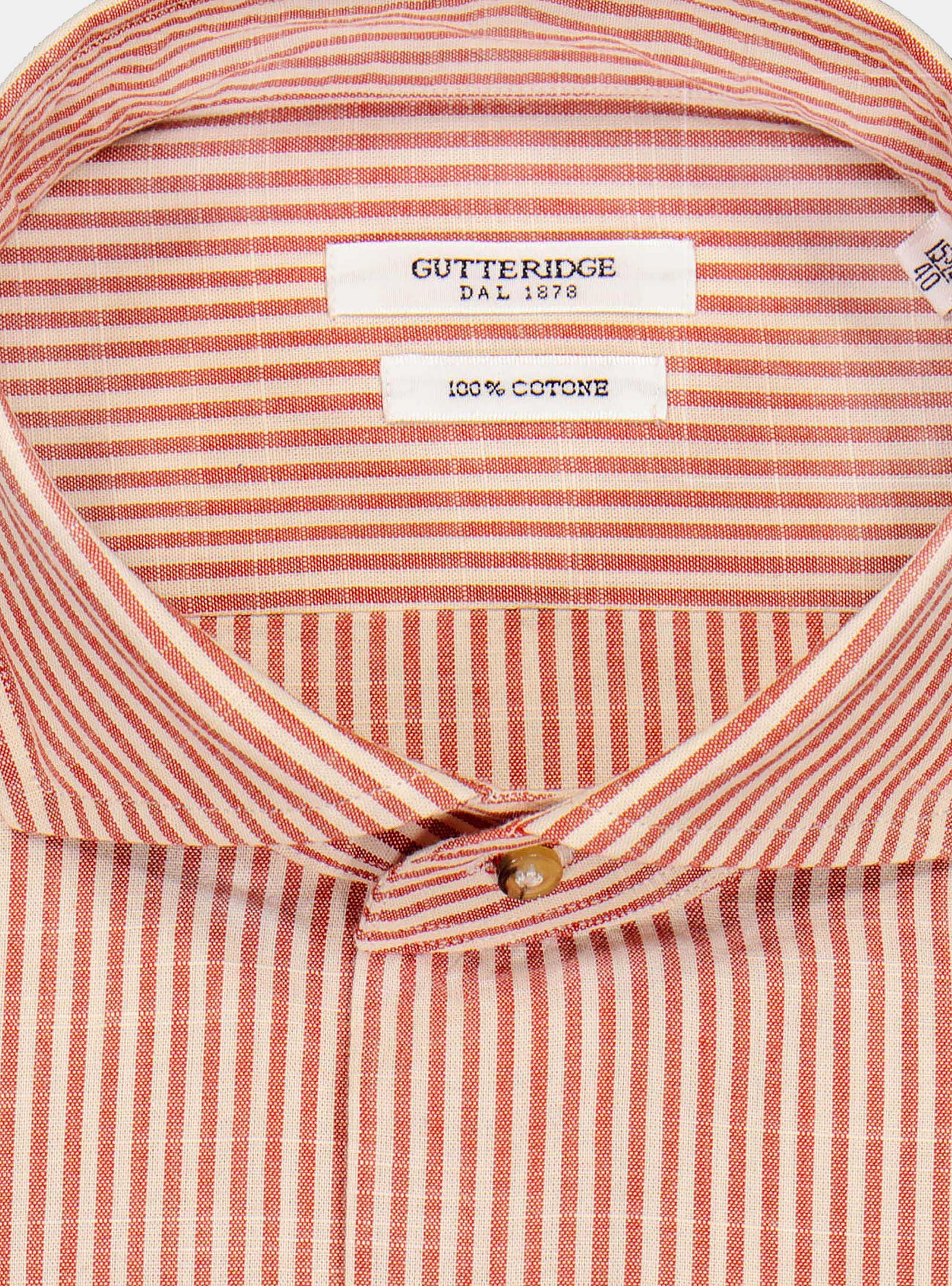 Raw striped cotton french collar shirt, RED