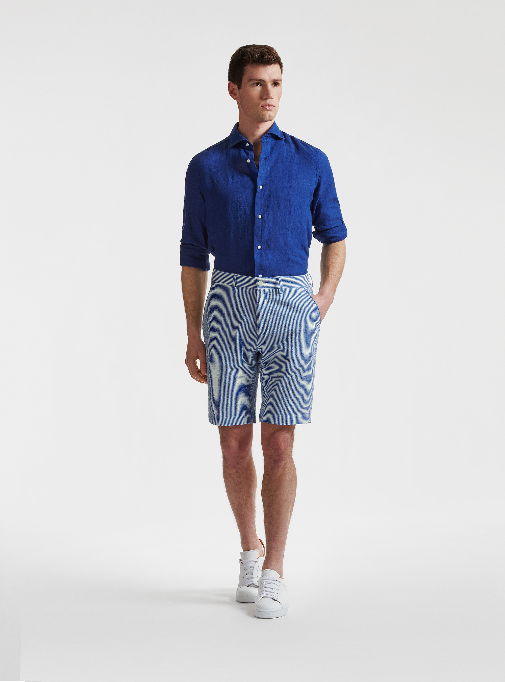 Bermudas de algod&oacute;n seersucker a rayas, CELESTE