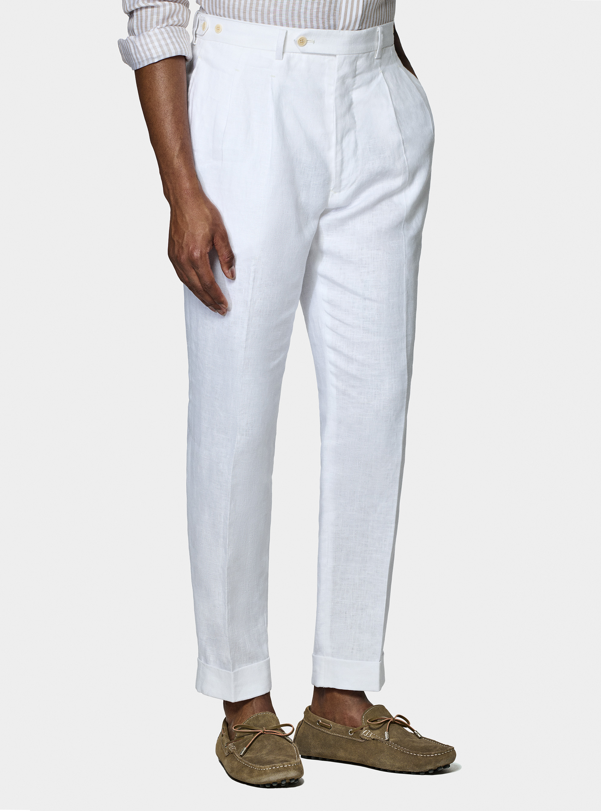 Pantaloni doppia pince in puro lino, BIANCO