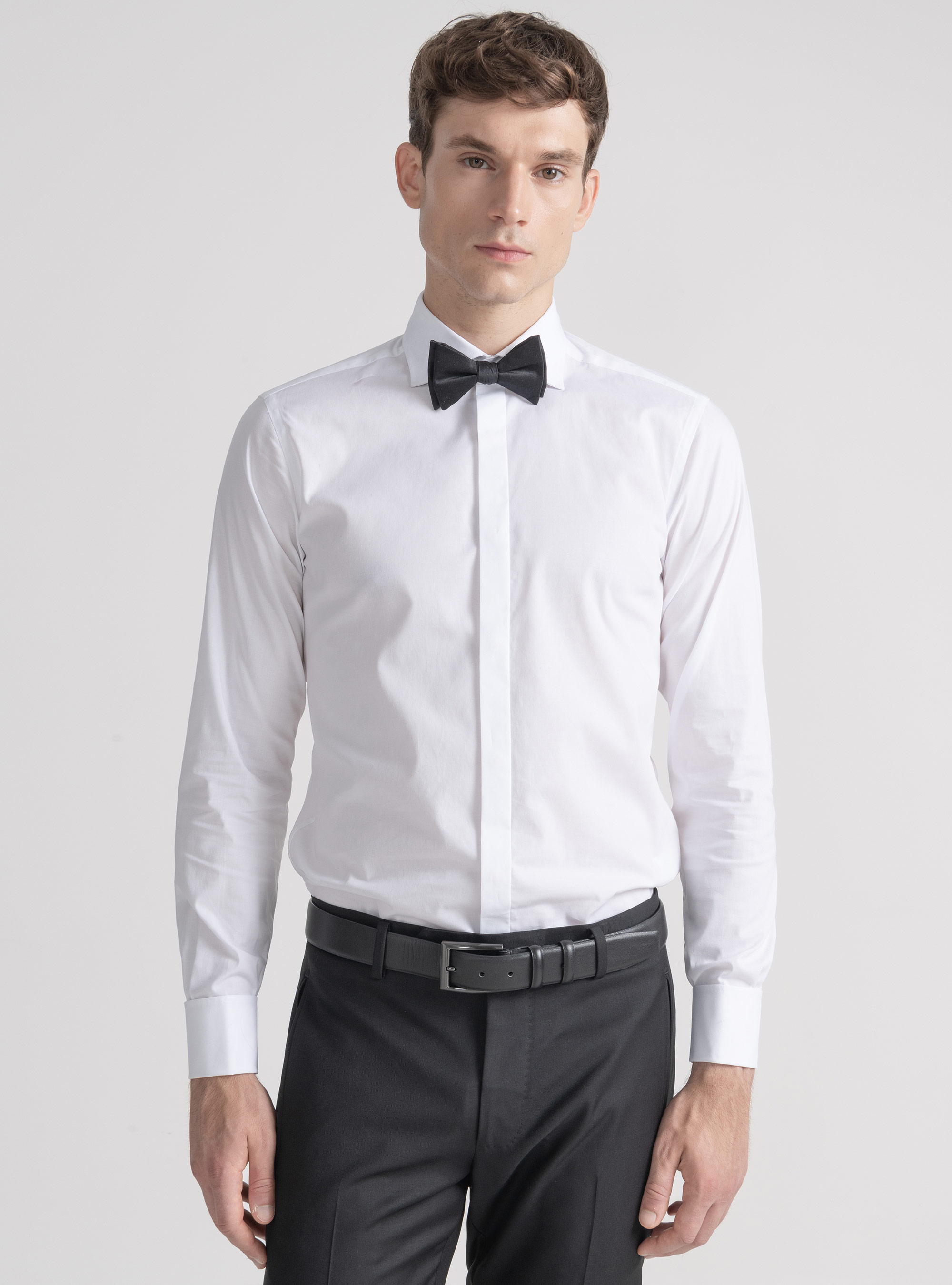 Stretch poplin smoking shirt with cufflinks, WHITE