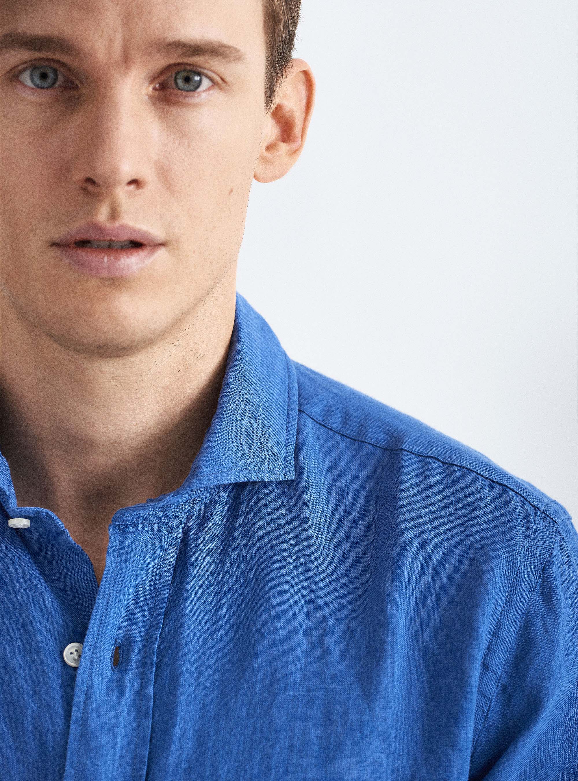 Camicia collo francese in lino, BLU