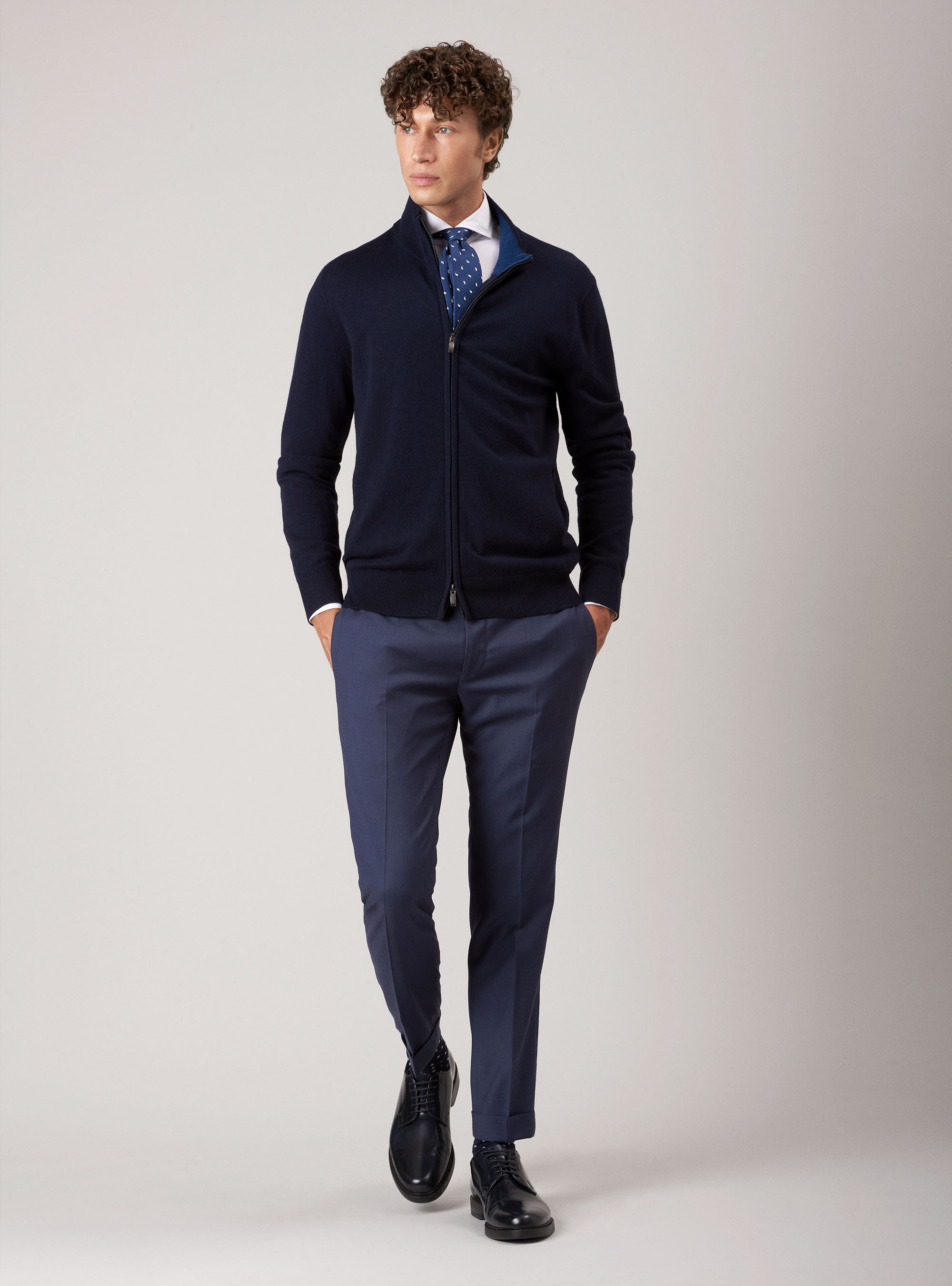 Cardigan full zip in lana cashmere, BLU NAVY