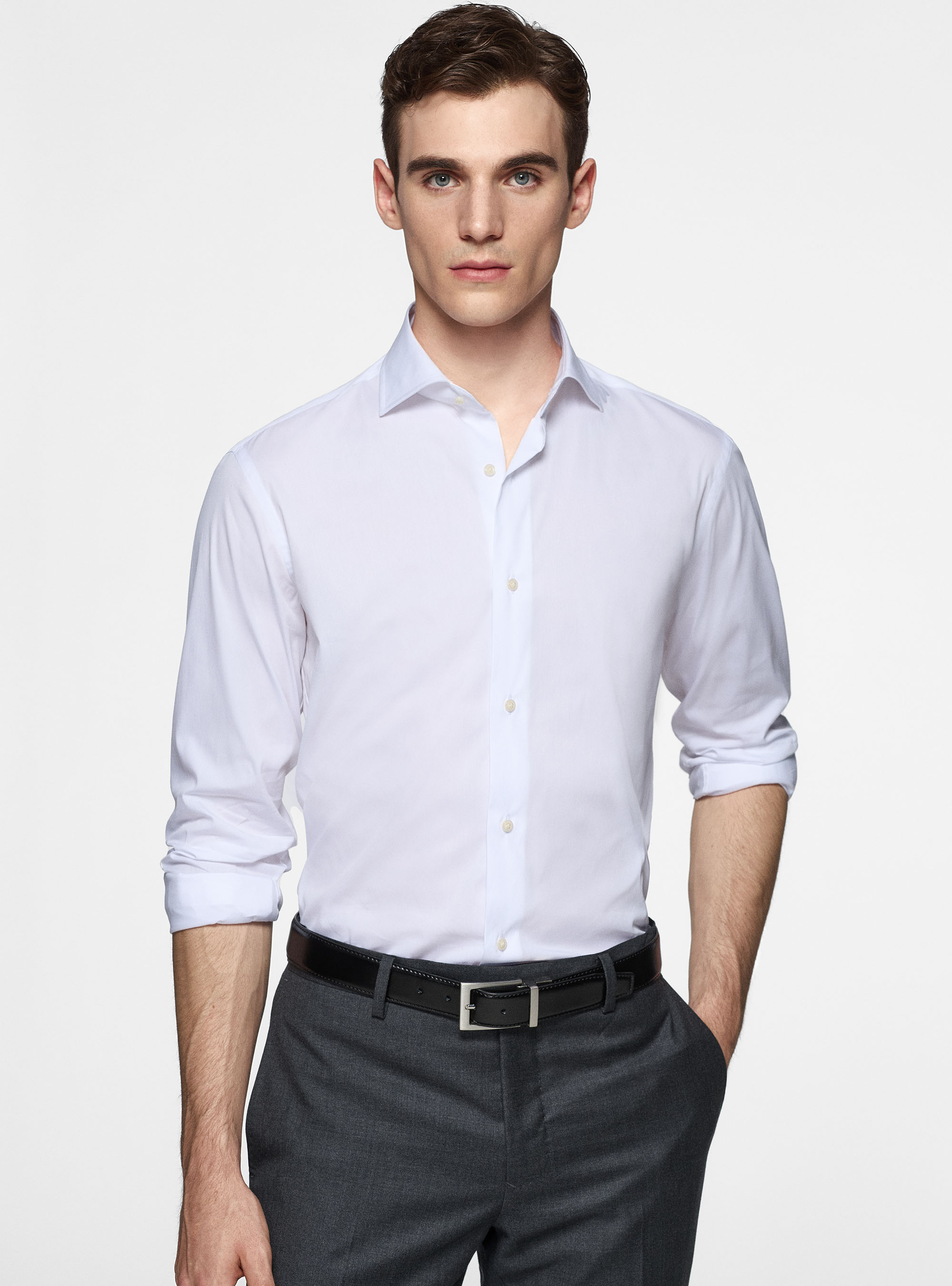 Camicia in piquet stretch, BIANCO