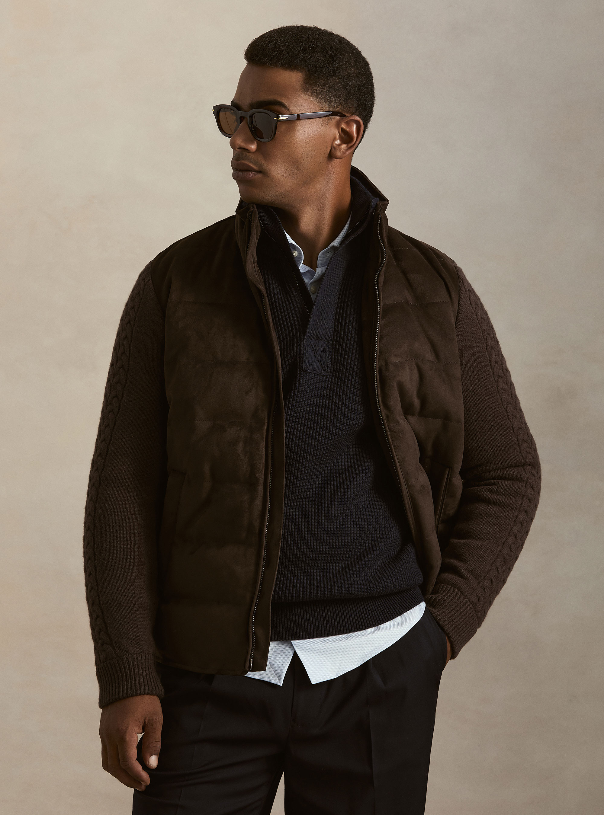 Quilted suede-effect jacket with wool sleeves, MARRONE 0508C
