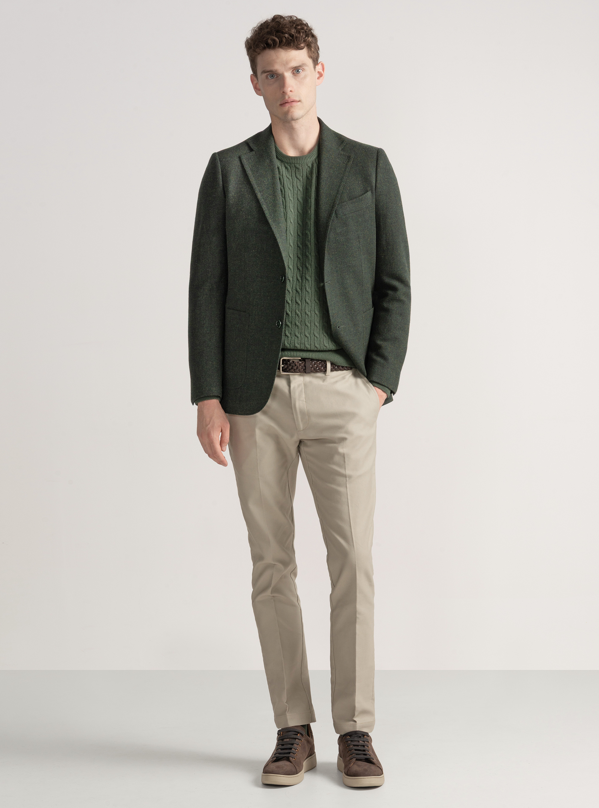 Giacca hopsack in lana cotone e cashmere, VERDE