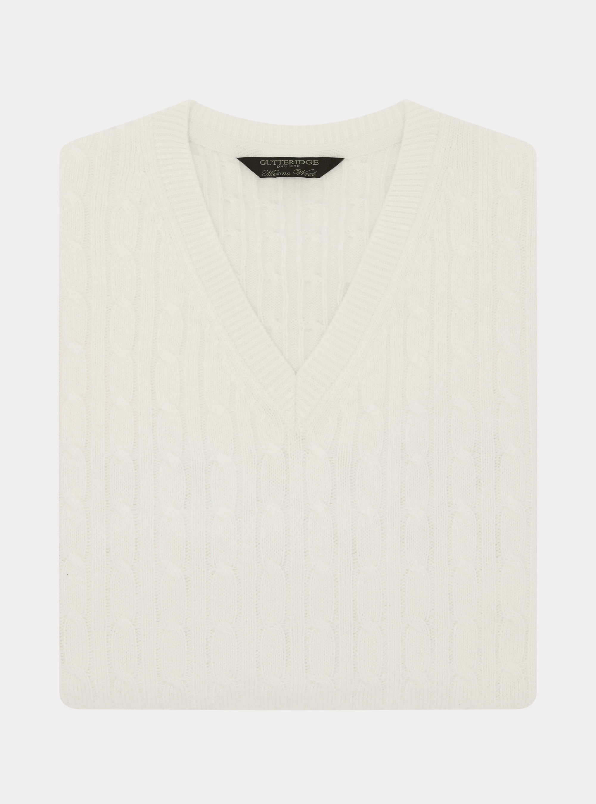 Maglia scollo a V con treccia in lana merino, BIANCO