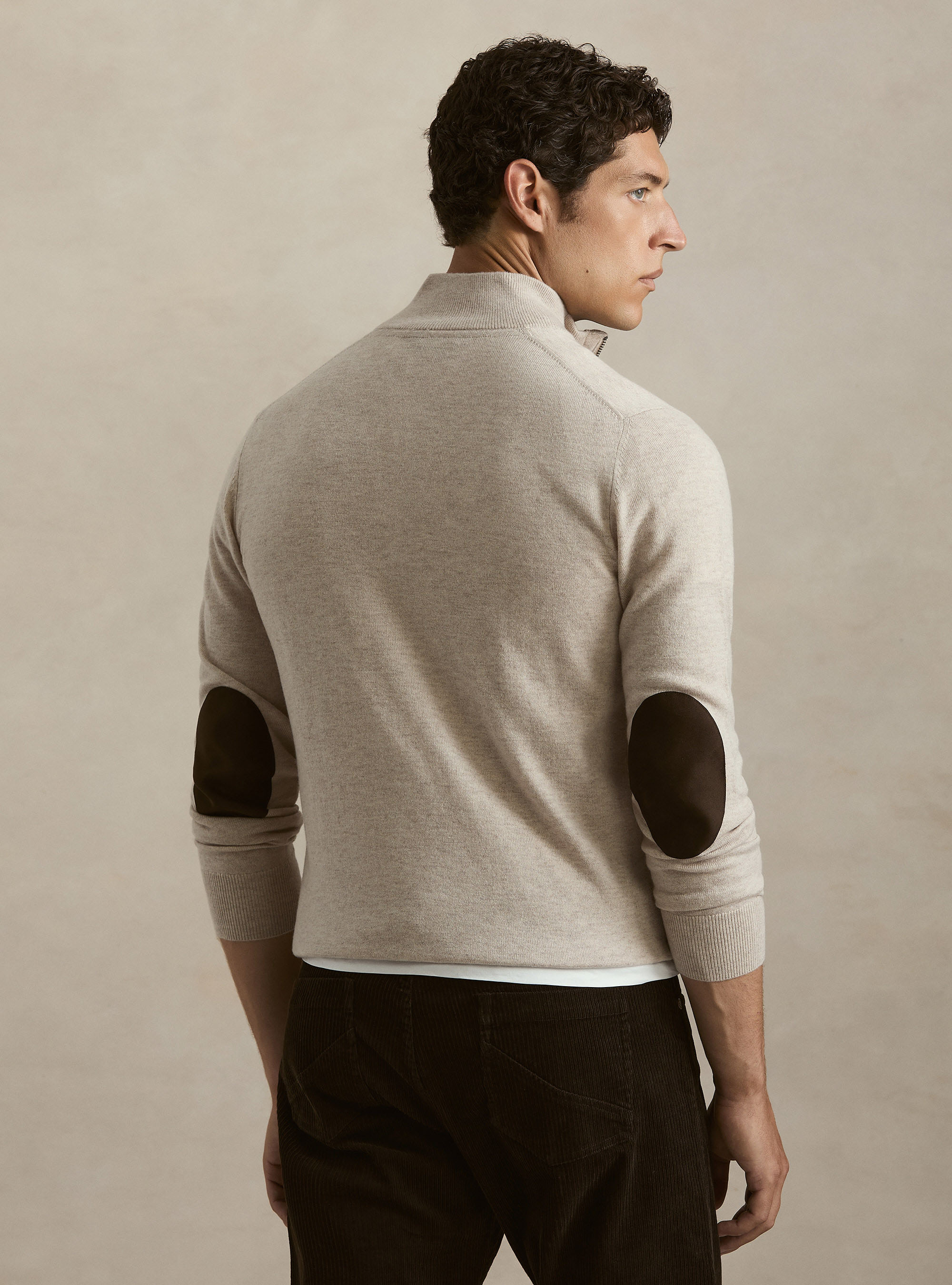 Half-zip wool blend sweater with elbow patches, ECRU