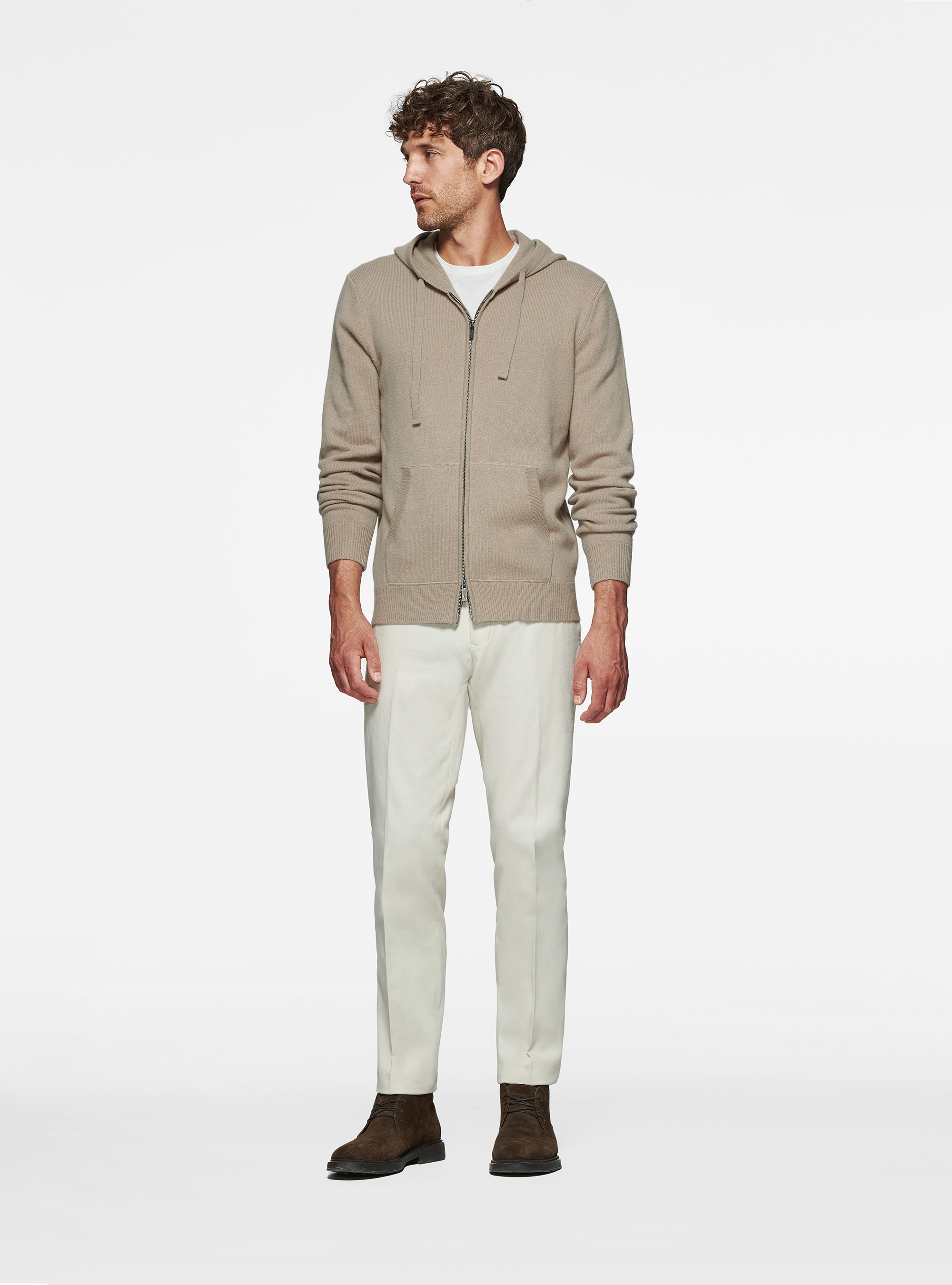 Cardigan in maglia con cappuccio in lana merino, SABBIA