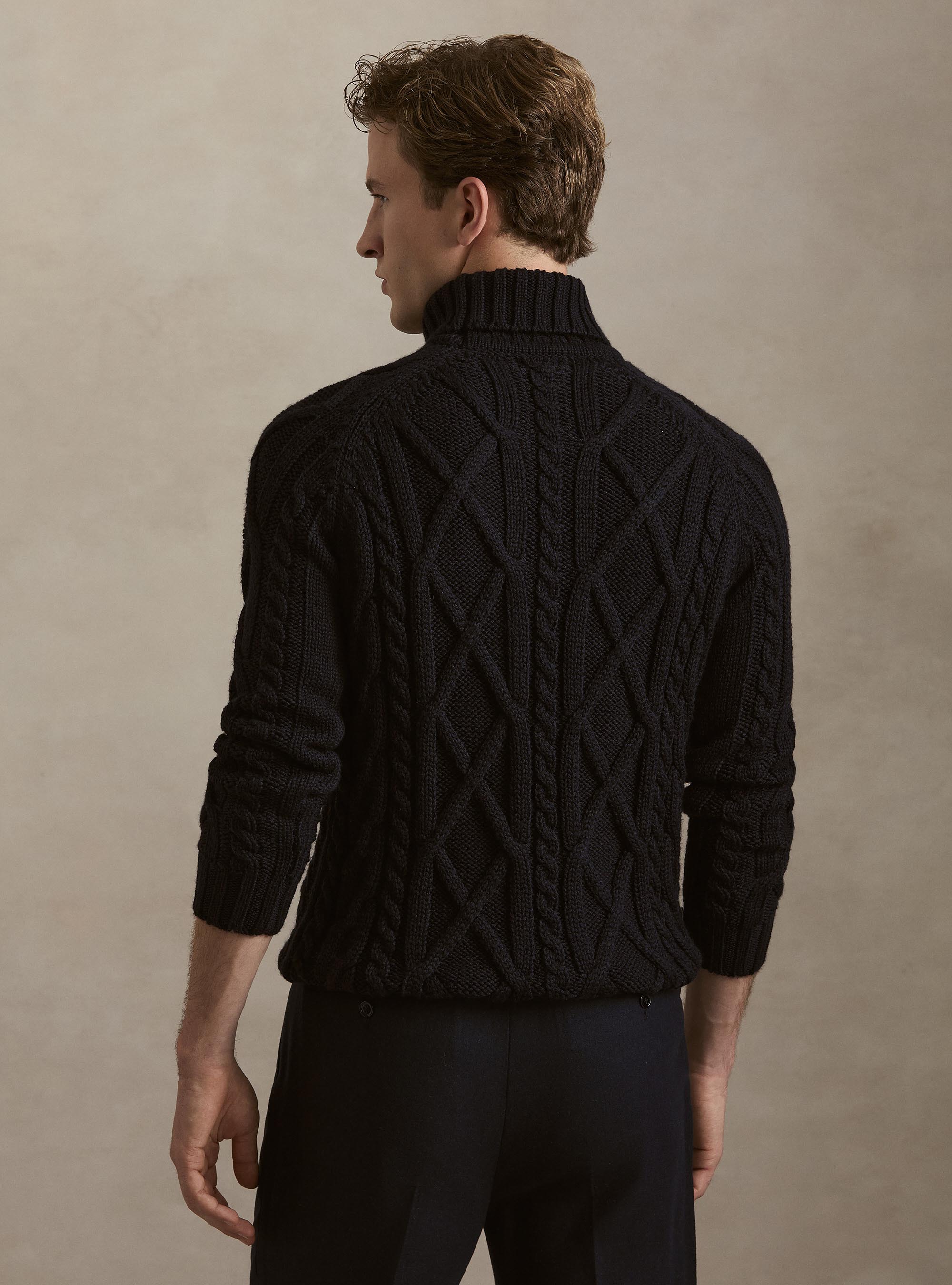 Cable Knit Wool Blend Turtleneck, NAVY BLUE