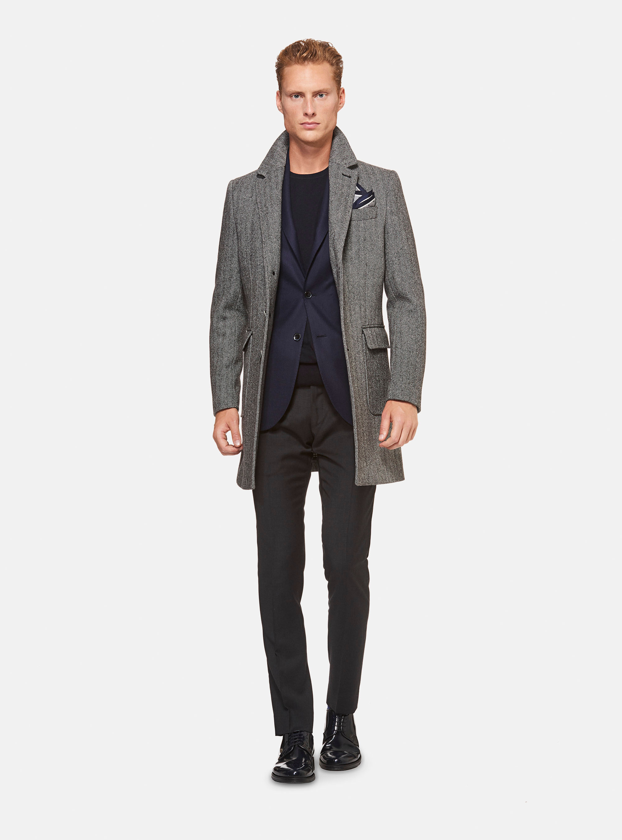 Cappotto spigato in pura lana, NERO