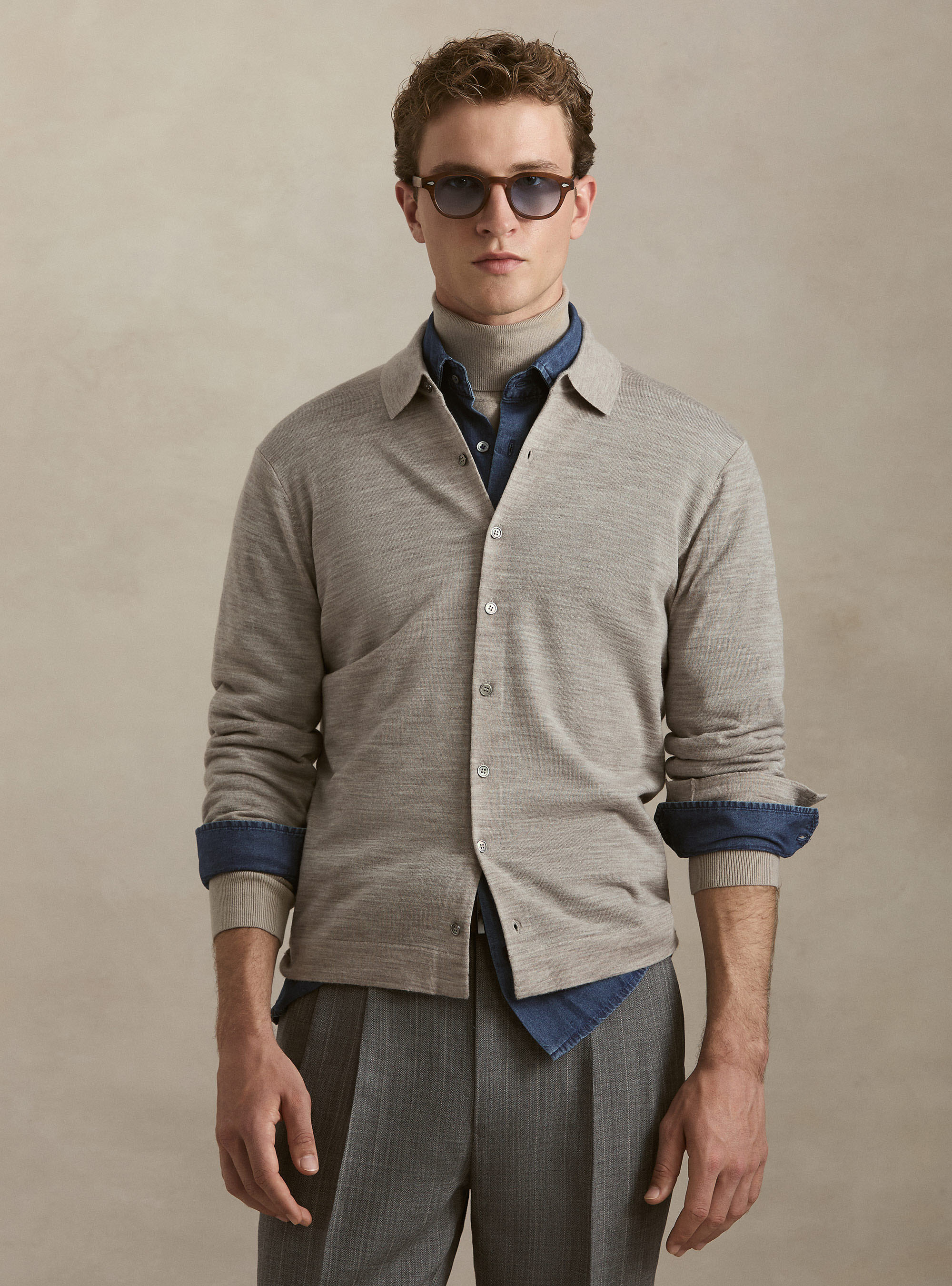 Polo de punto en lana merino extrafina, SABBIA MELANGE 0564C