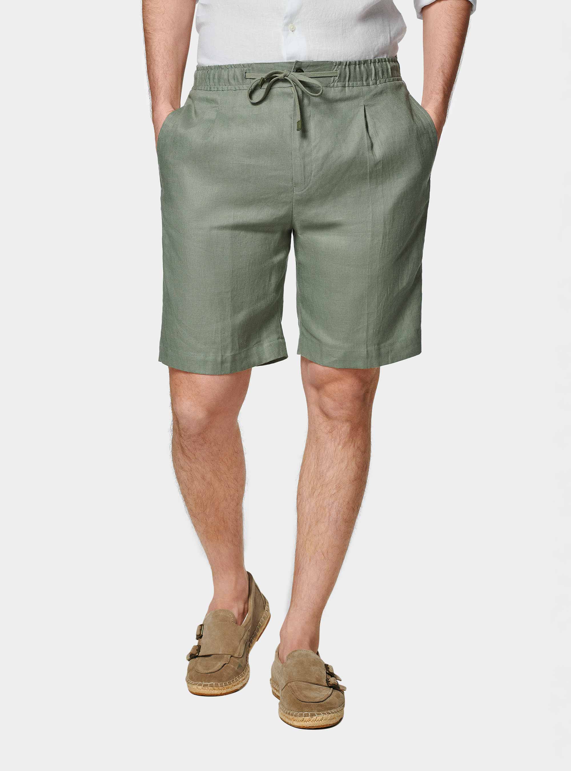 Bermuda in puro lino con elastico, SALVIA 0602C