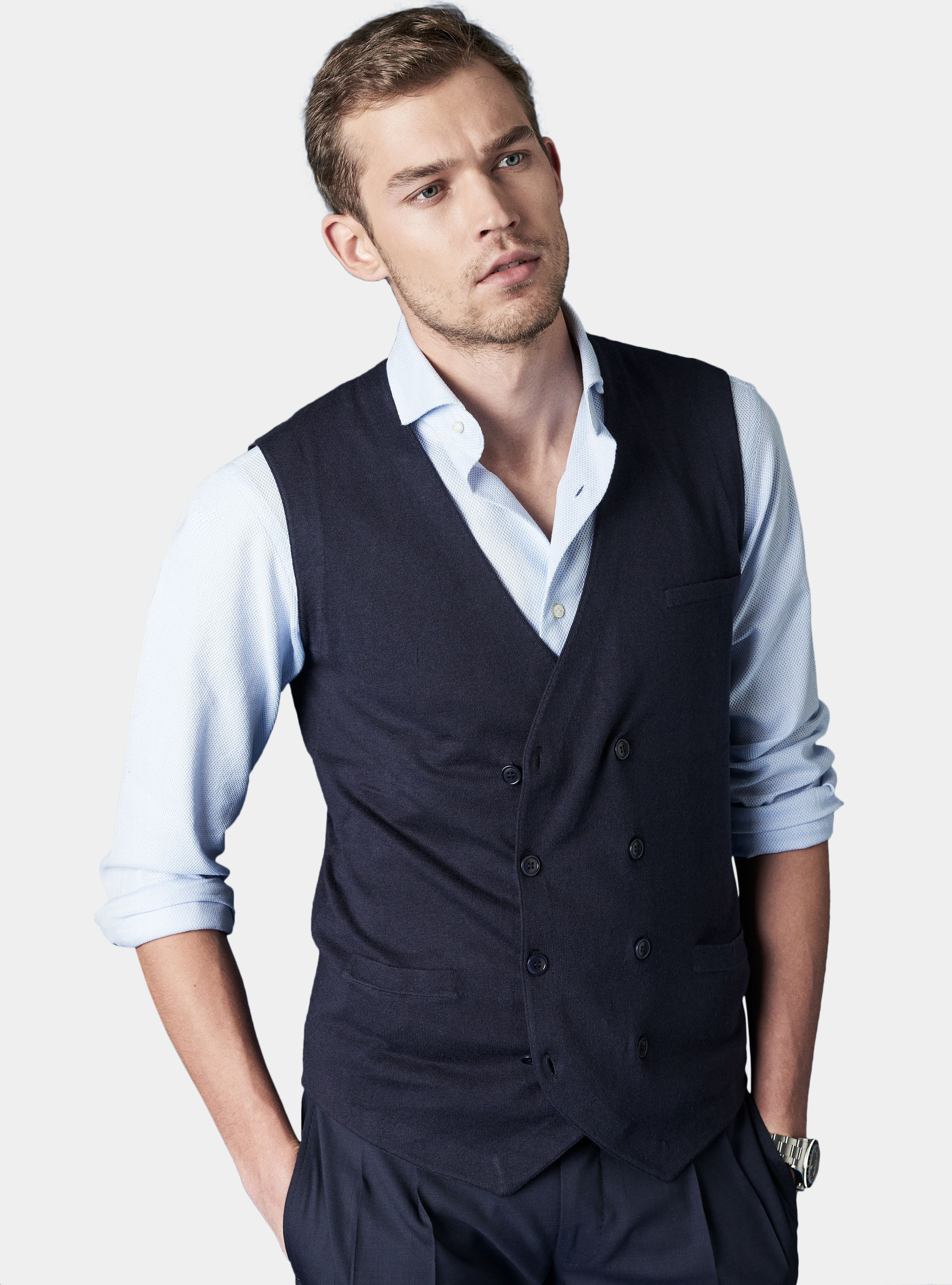 Cotton silk and cashmere double - breasted vest, NAVY BLUE