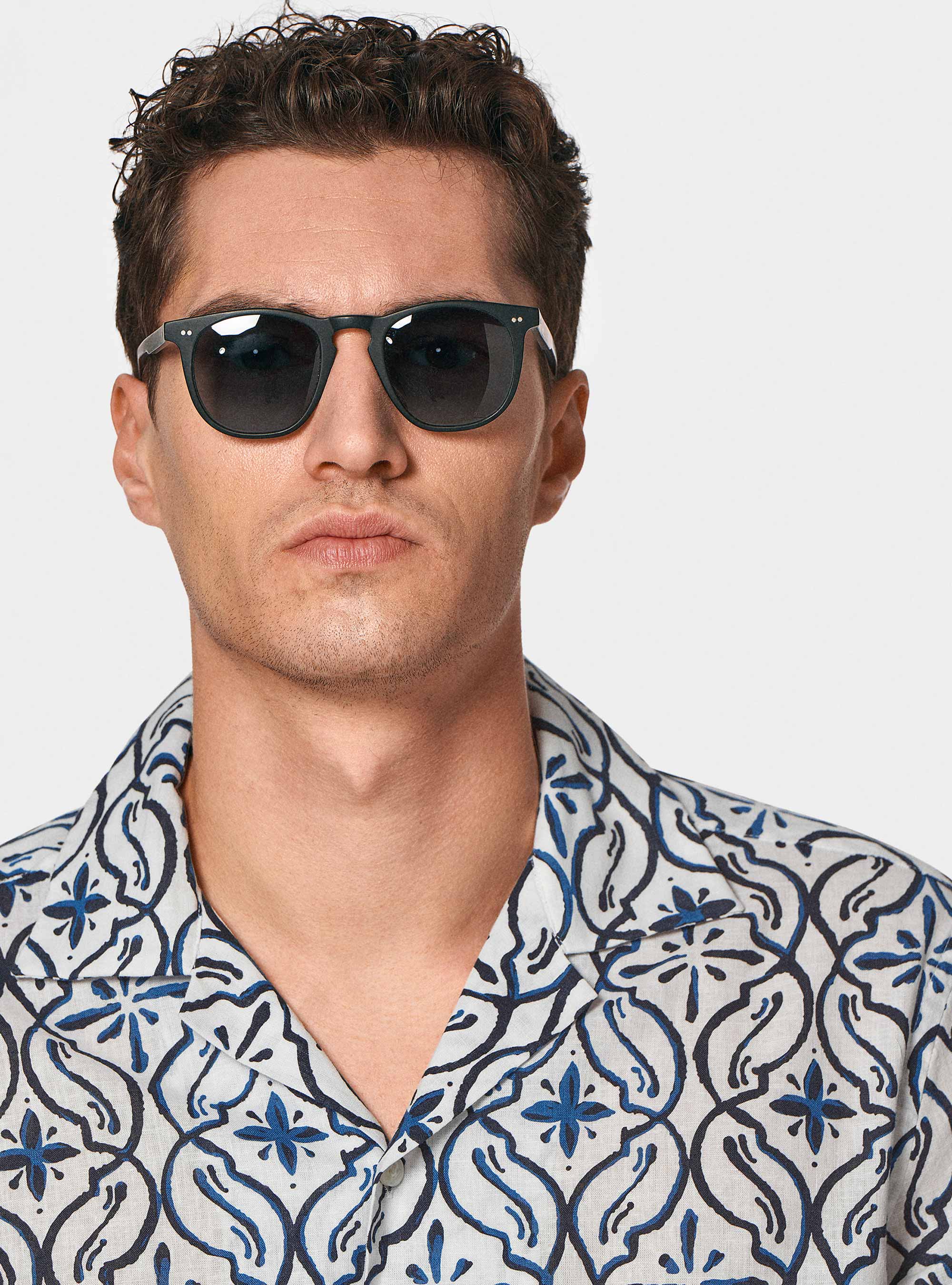 Camicia bowling in lino e cotone stampato, BLU NAVY