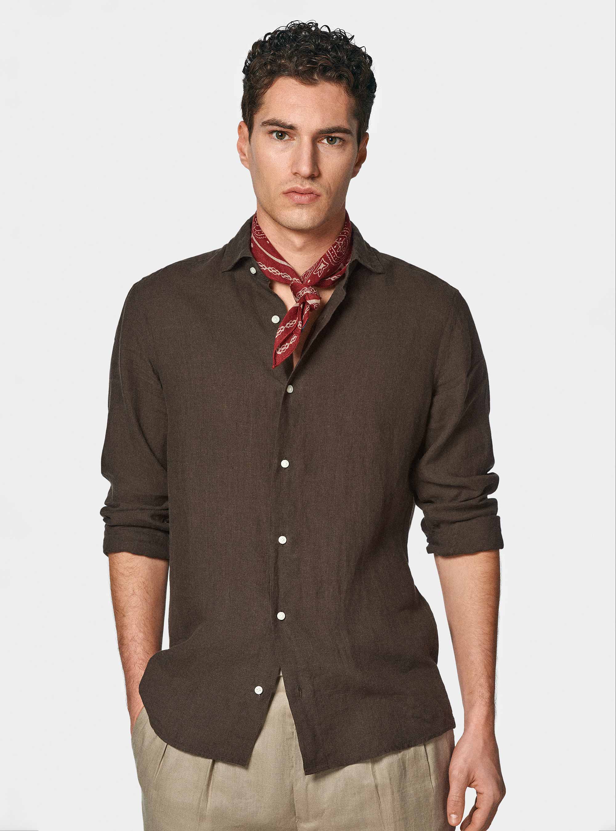 Camicia in puro lino, MARRONE