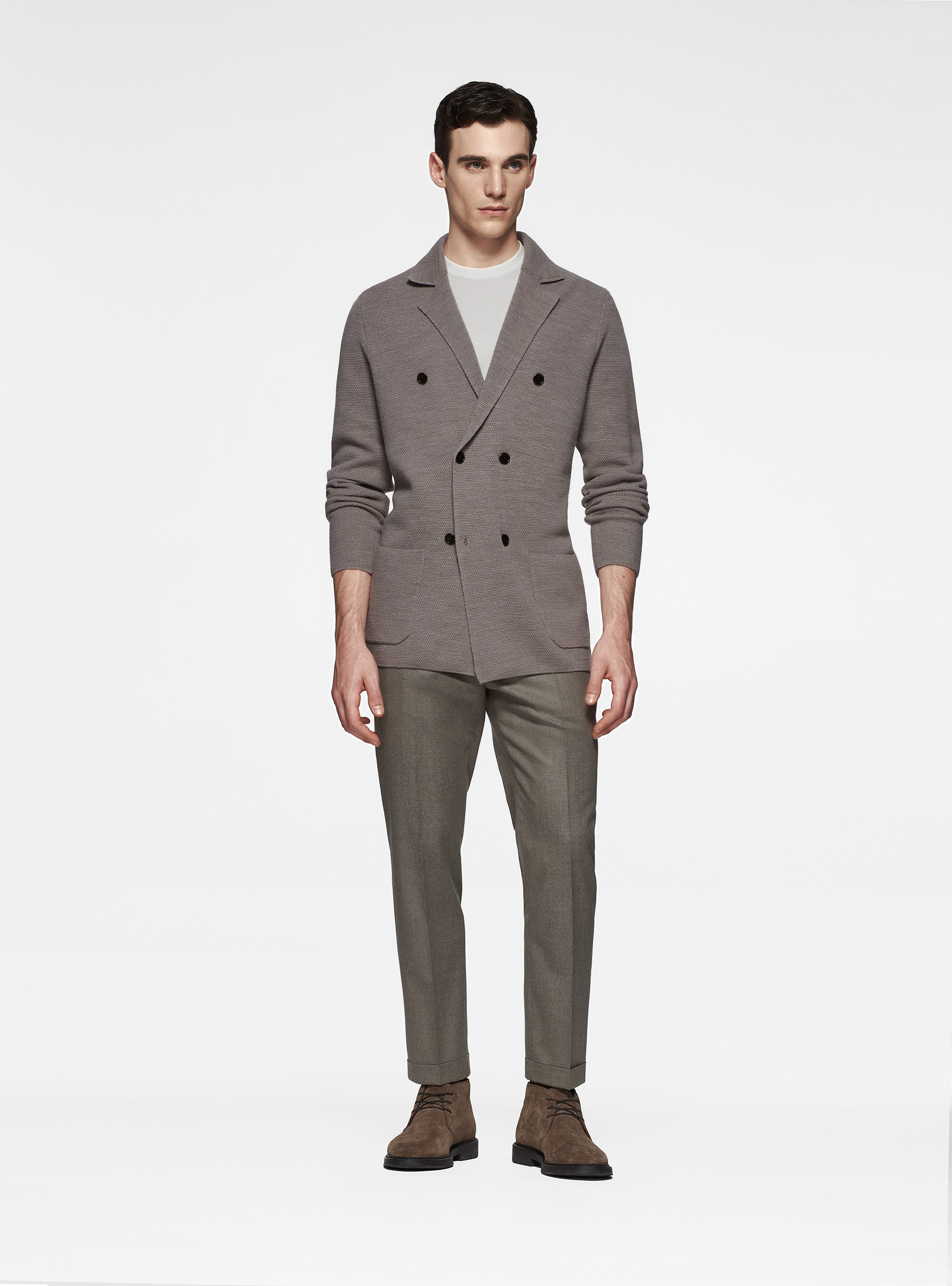 Giacca in maglia doppiopetto in pura lana merino, FANGO