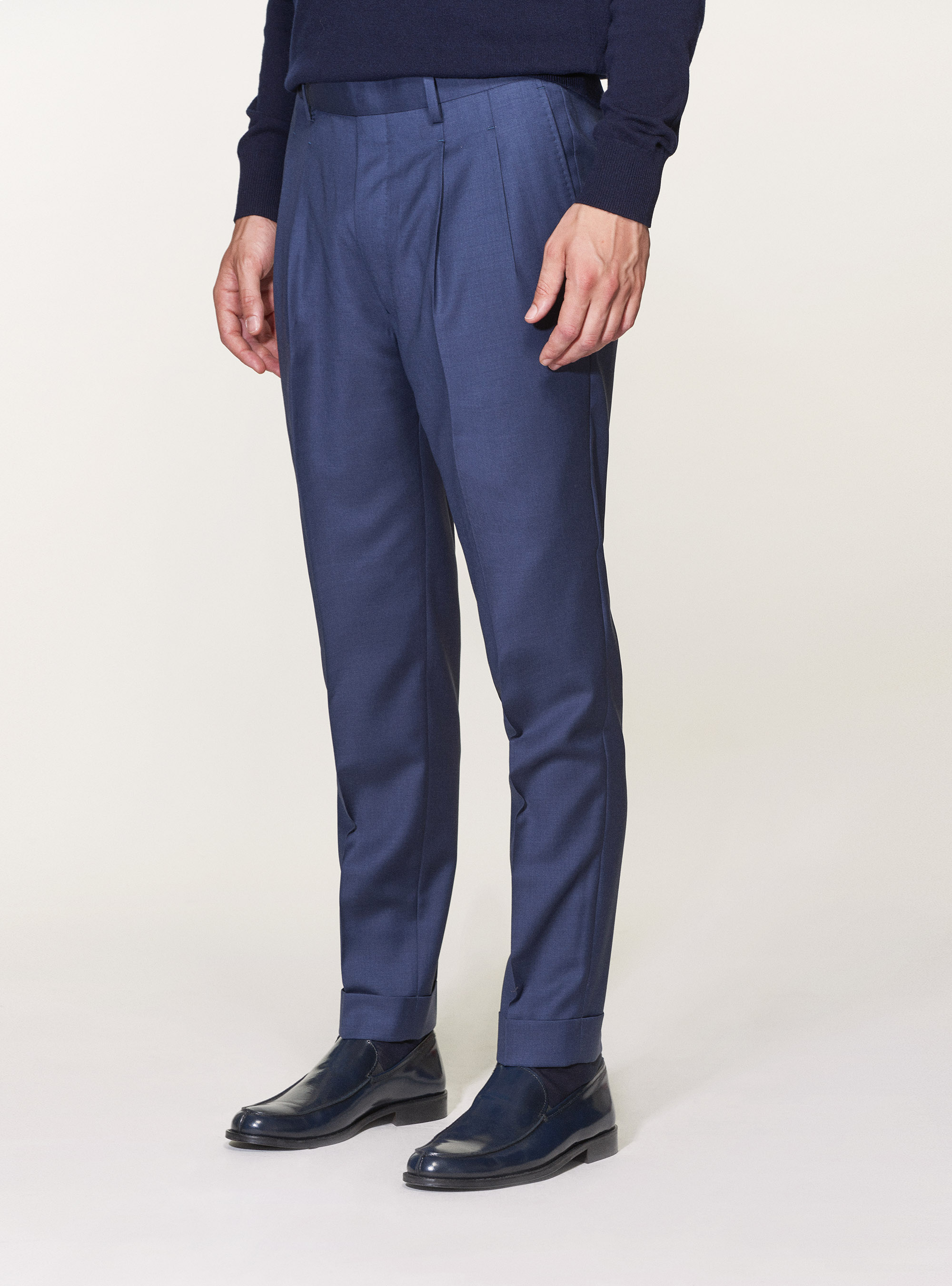 Pantaloni doppia pince in pura lana superfine 120's, INCHIOSTRO