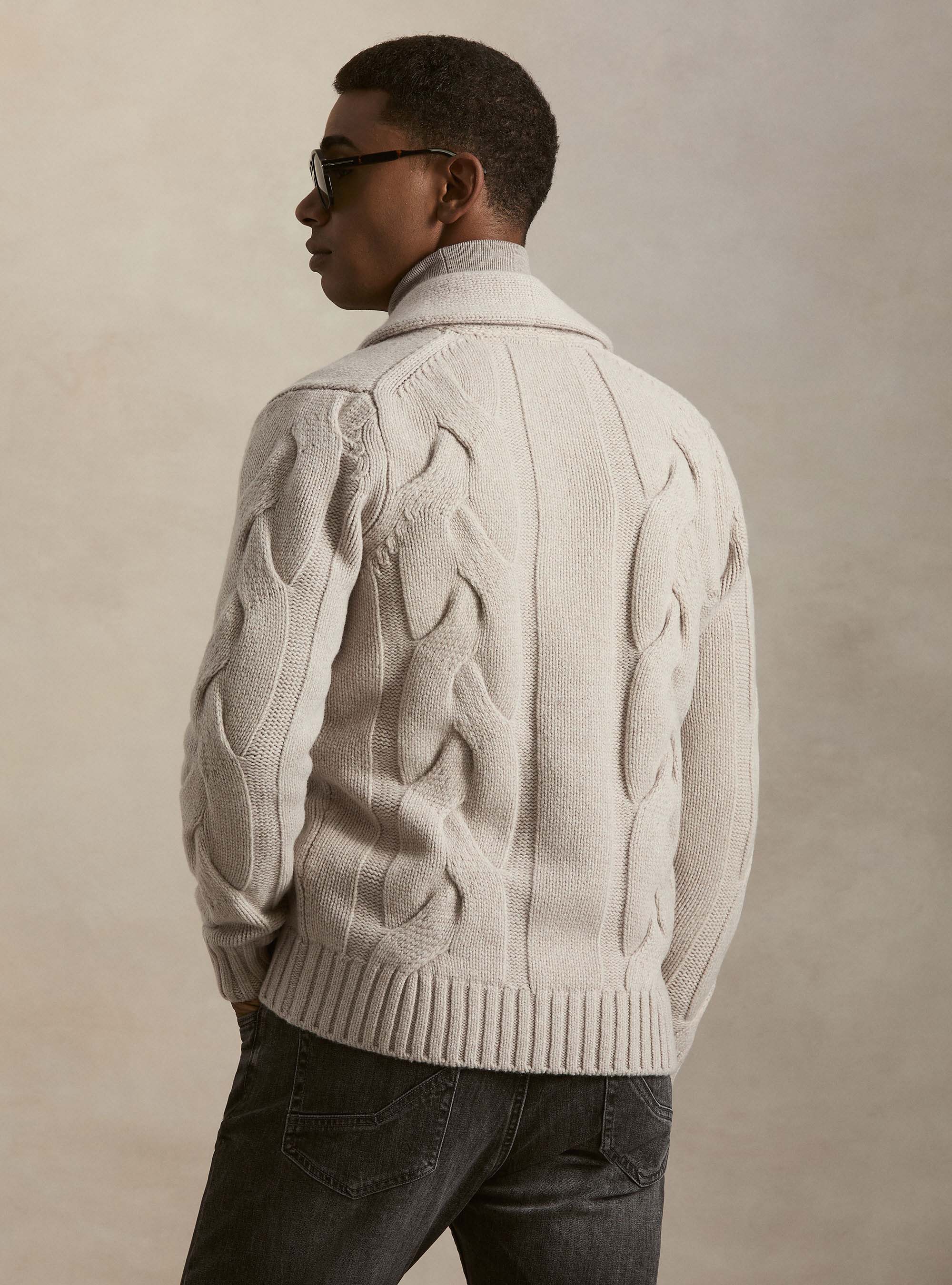 Cable-knit shawl collar lambswool-cashmere cardigan, ECRU