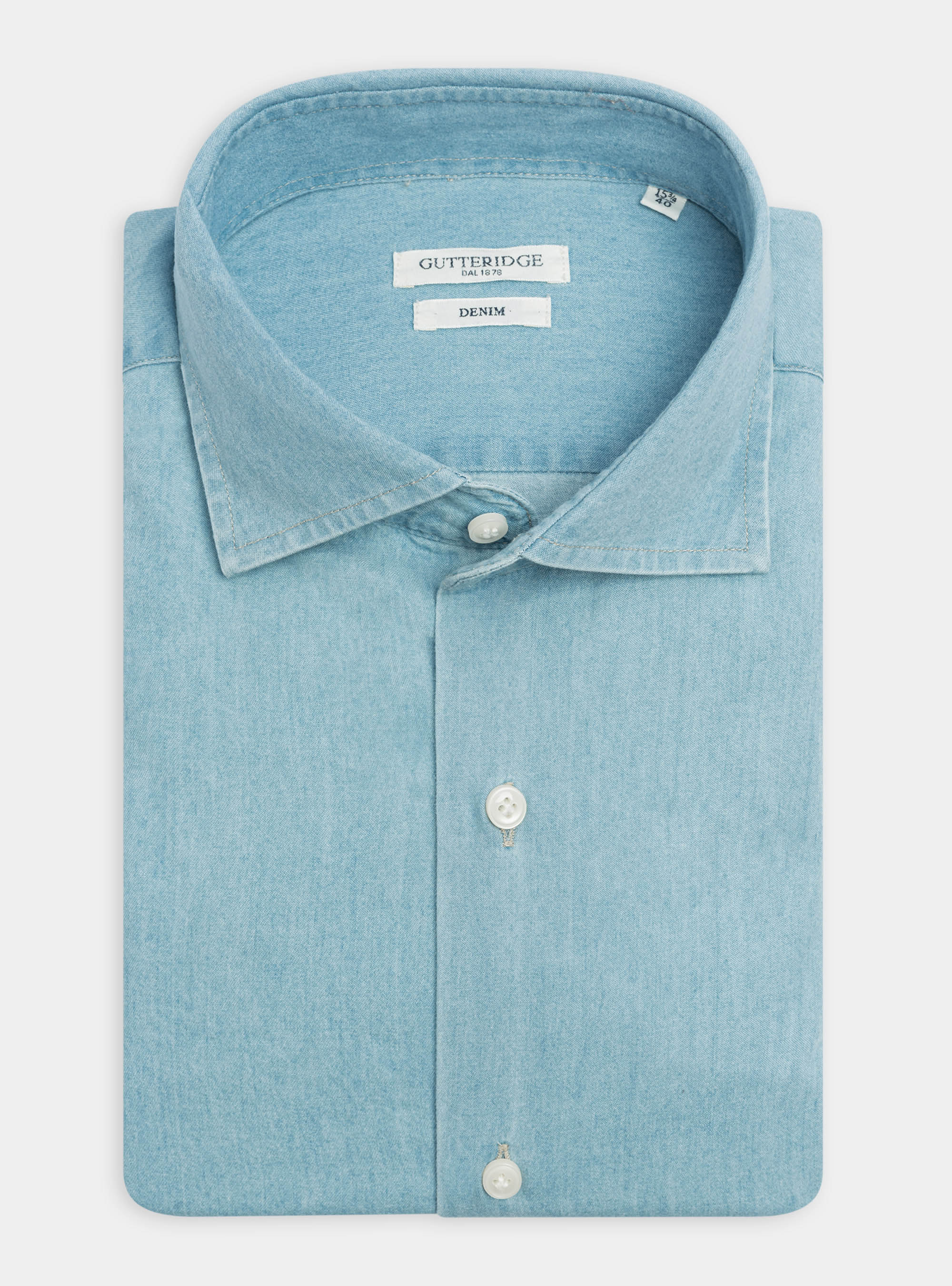 Camicia denim con collo semi francese in cotone chambray, AZZURRO
