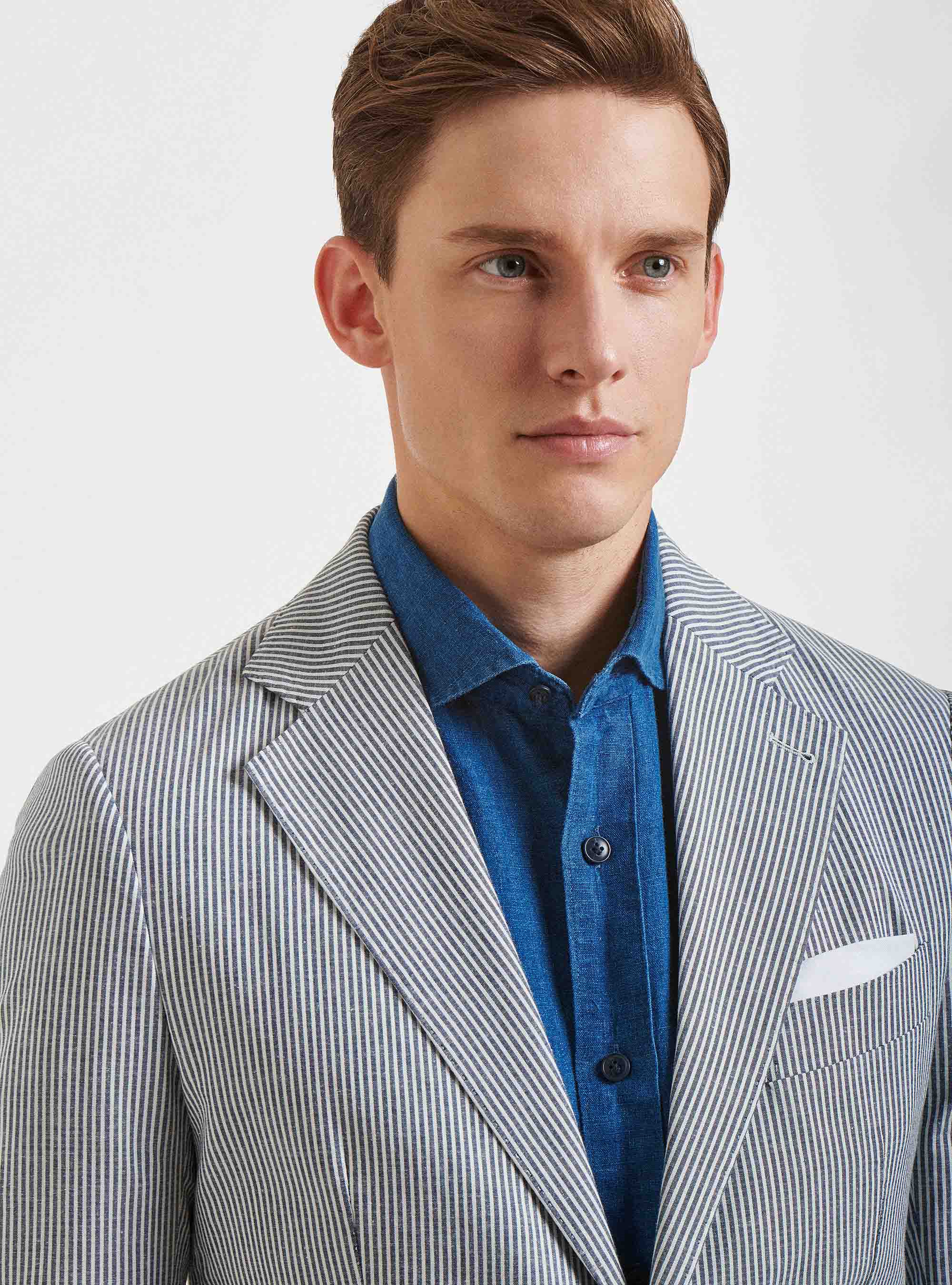 Giacca blu in cotone e lino rigato, BLU