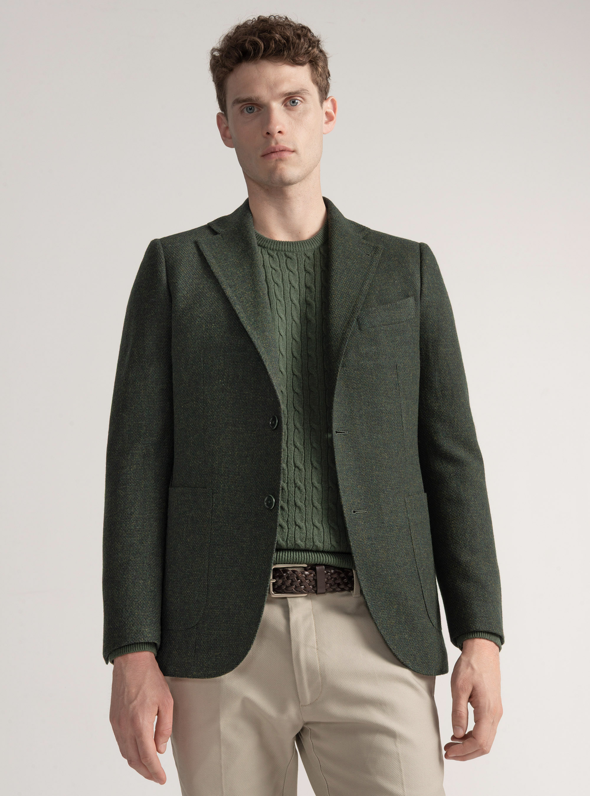 Giacca hopsack in lana cotone e cashmere, VERDE