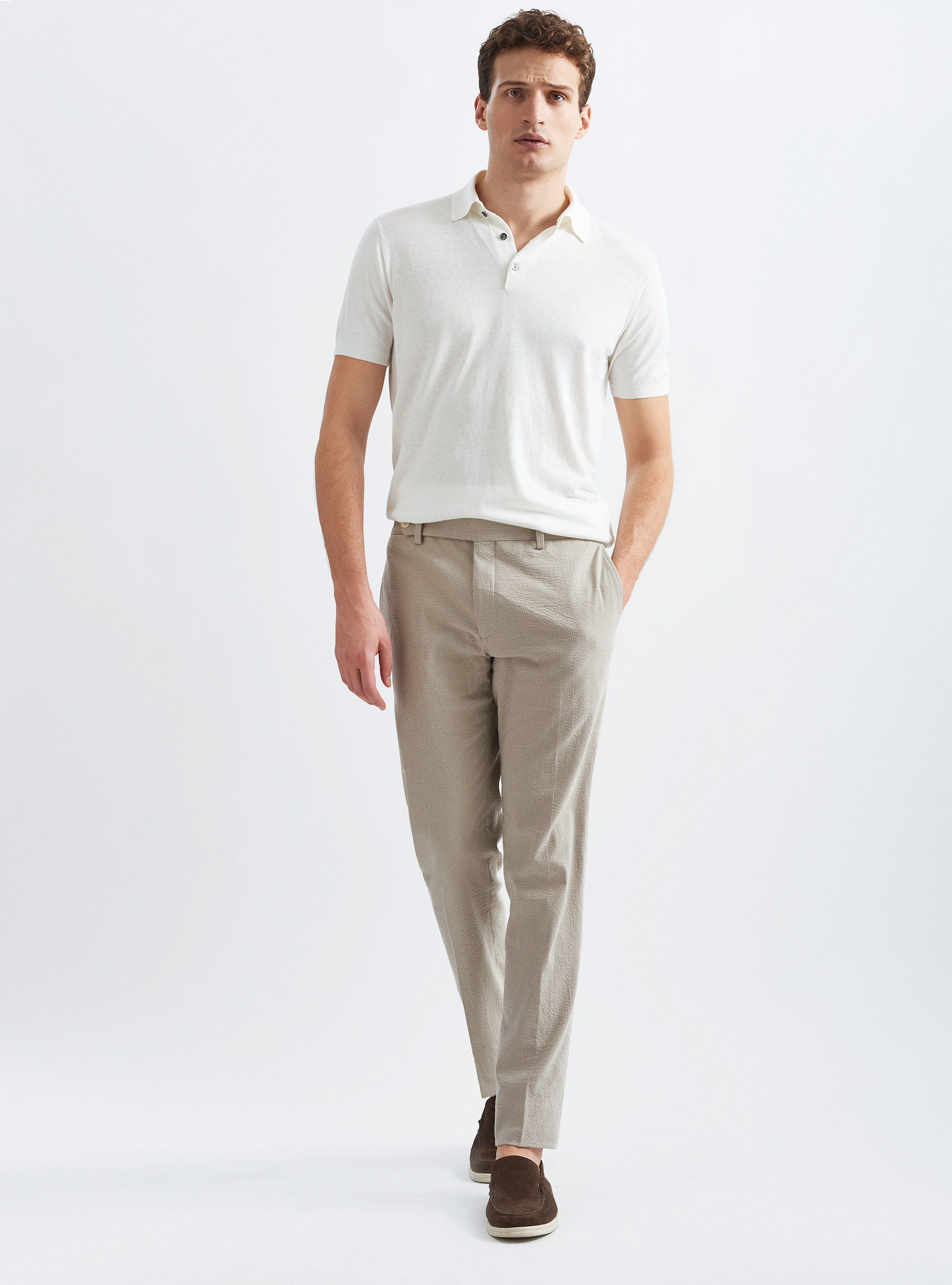 Pantaloni per abito seersucker in cotone stretch, SABBIA