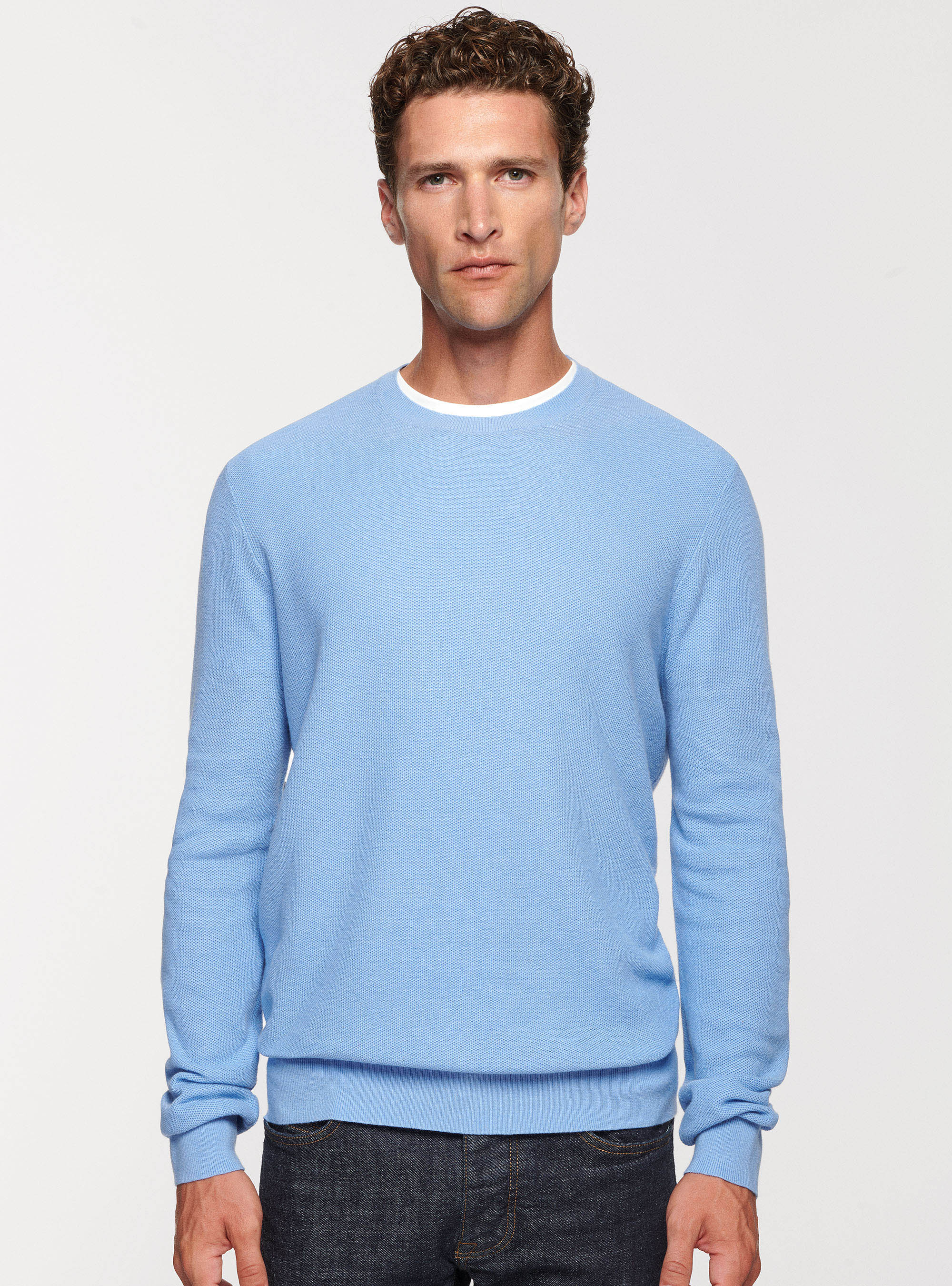 Maglia punto riso in cotone cashmere, AZZURRO