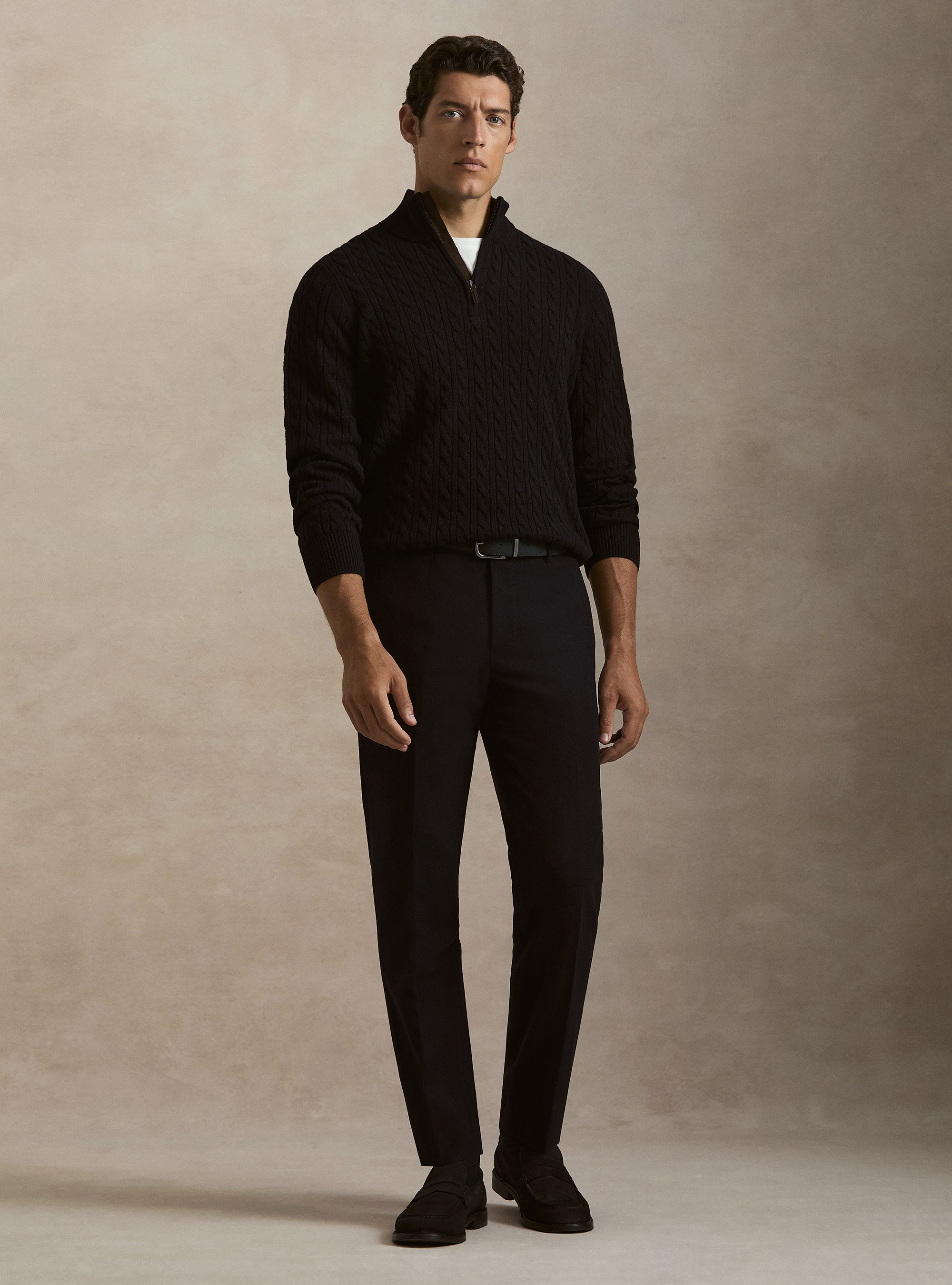 Cable-knit wool and cashmere mock neck sweater, NAVY BLUE