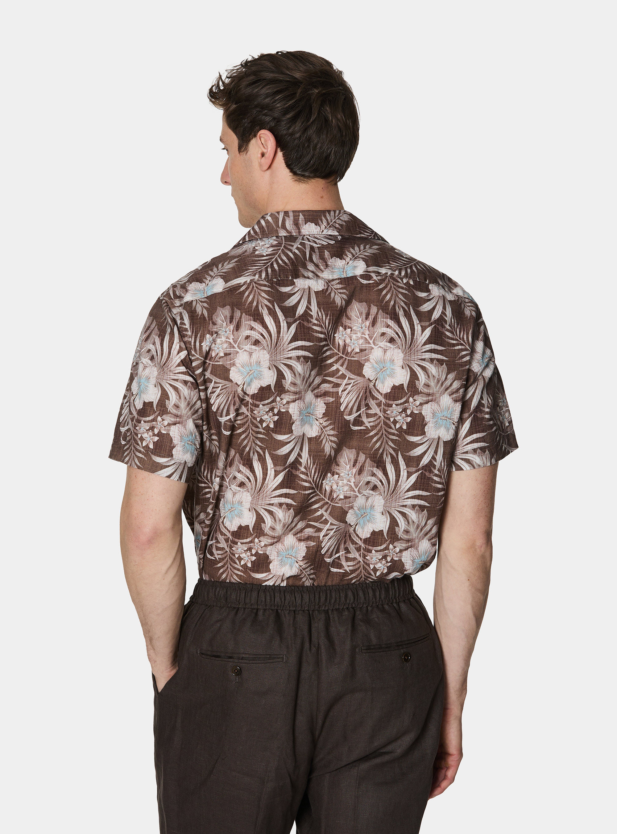 Printed linen and cotton bowling shirt, BROWN